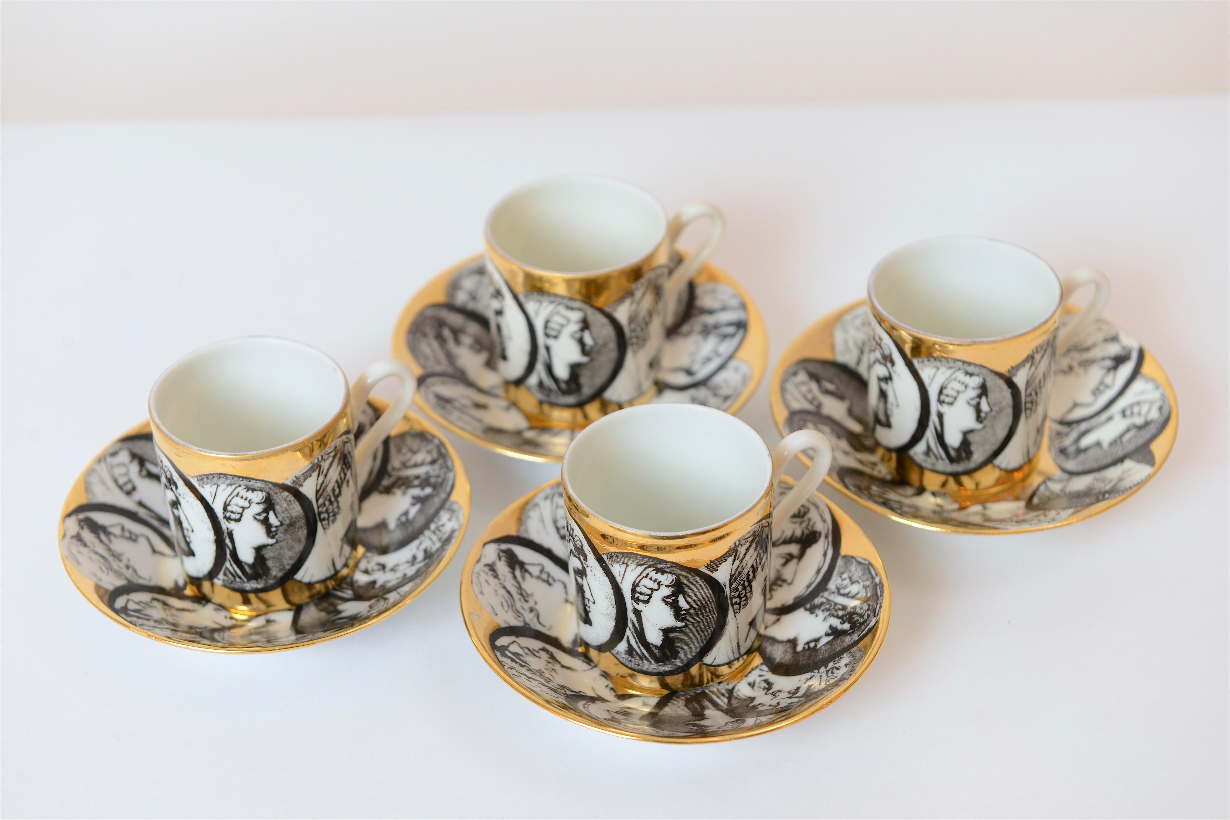1950s Piero Fornasetti ‘Cammei’ Espresso Cups and Saucers, Italy In Good Condition In London, GB