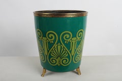 1950s Piero Fornasetti Neoclassical Green Metal & Sculpted Brass Wastebasket