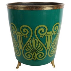 1950s Piero Fornasetti Neoclassical Green Metal & Sculpted Brass Wastebasket