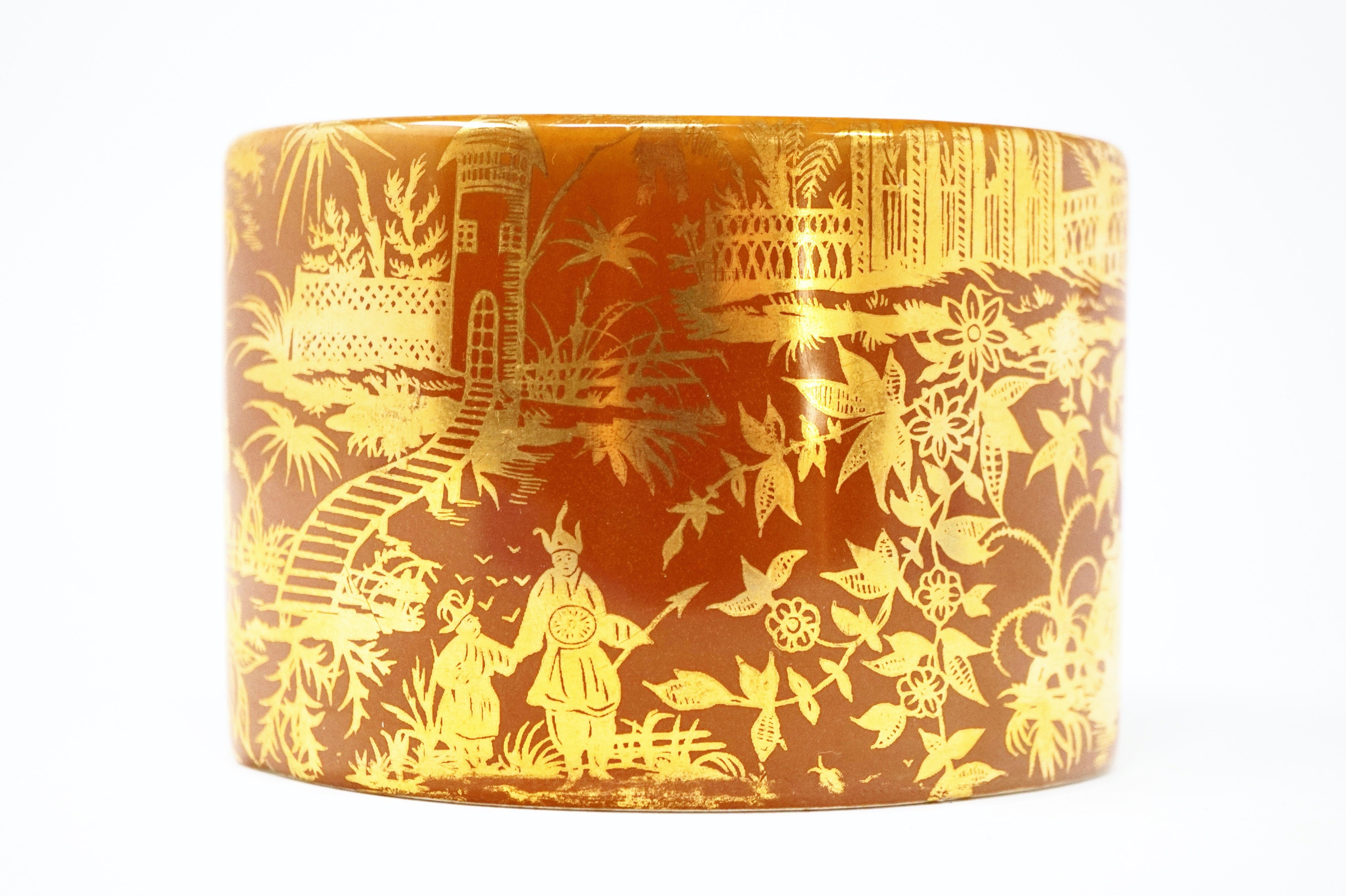 - Rare oriental / chinoiserie 'Piccolo Coromandel' design
- Rust brown glazed ceramic vase with gold leaf design
- Measures: 3