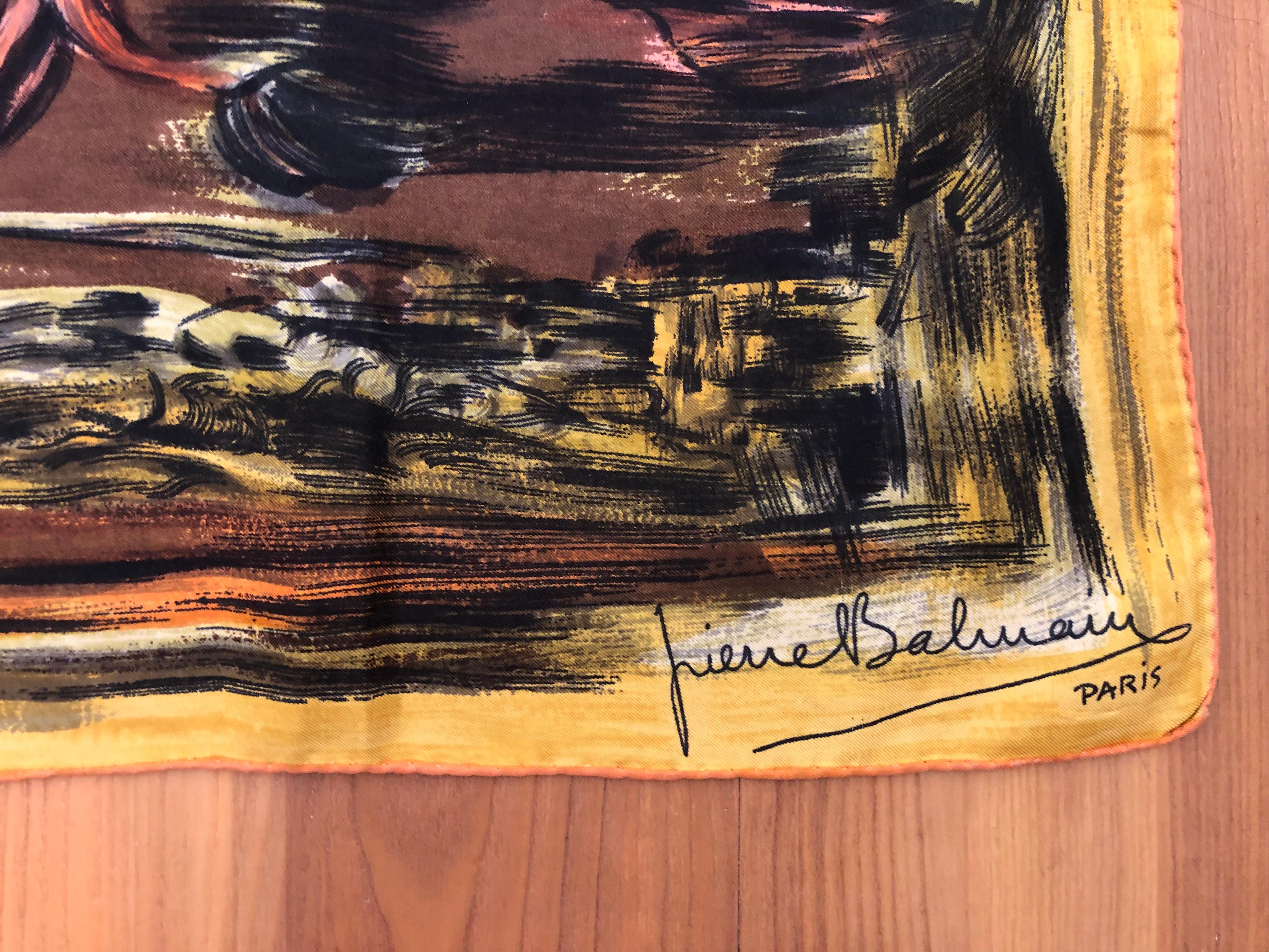 In excellent condition for a scarf this age, this scarf has a nice brown background with orange, yellow, black and salmon pink splashes. When you tire of wearing it, frame it!