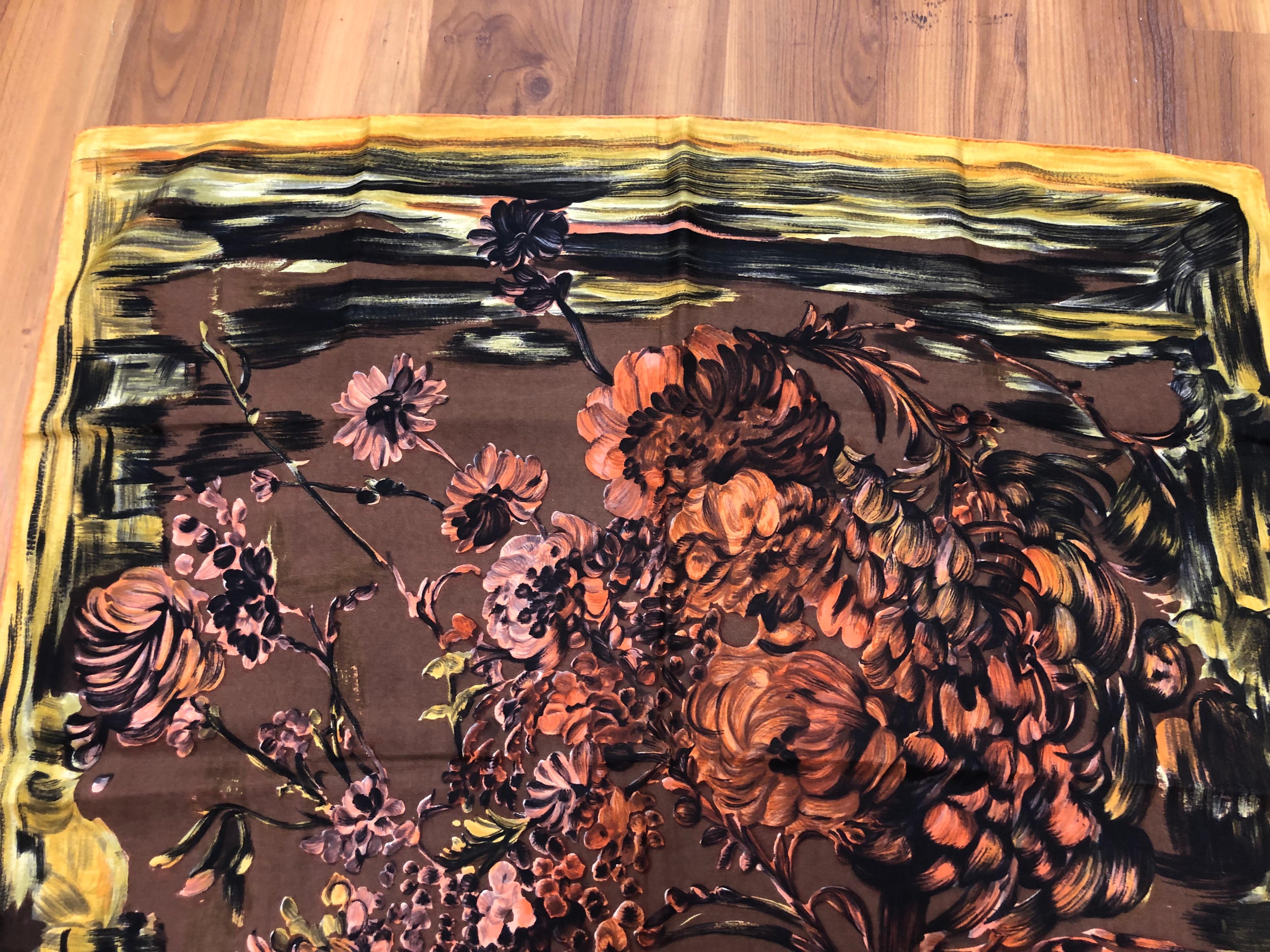1950s Pierre Balmain Floral and Brushstroke Silk Twill Scarf 30x29.5 In Excellent Condition In Port Hope, ON