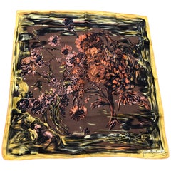 1950s Pierre Balmain Floral and Brushstroke Silk Twill Scarf 30x29.5