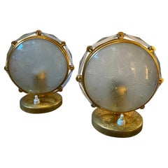 1950s Pietro Chiesa Attributed Brass and Engraved Glass Bed Lamps