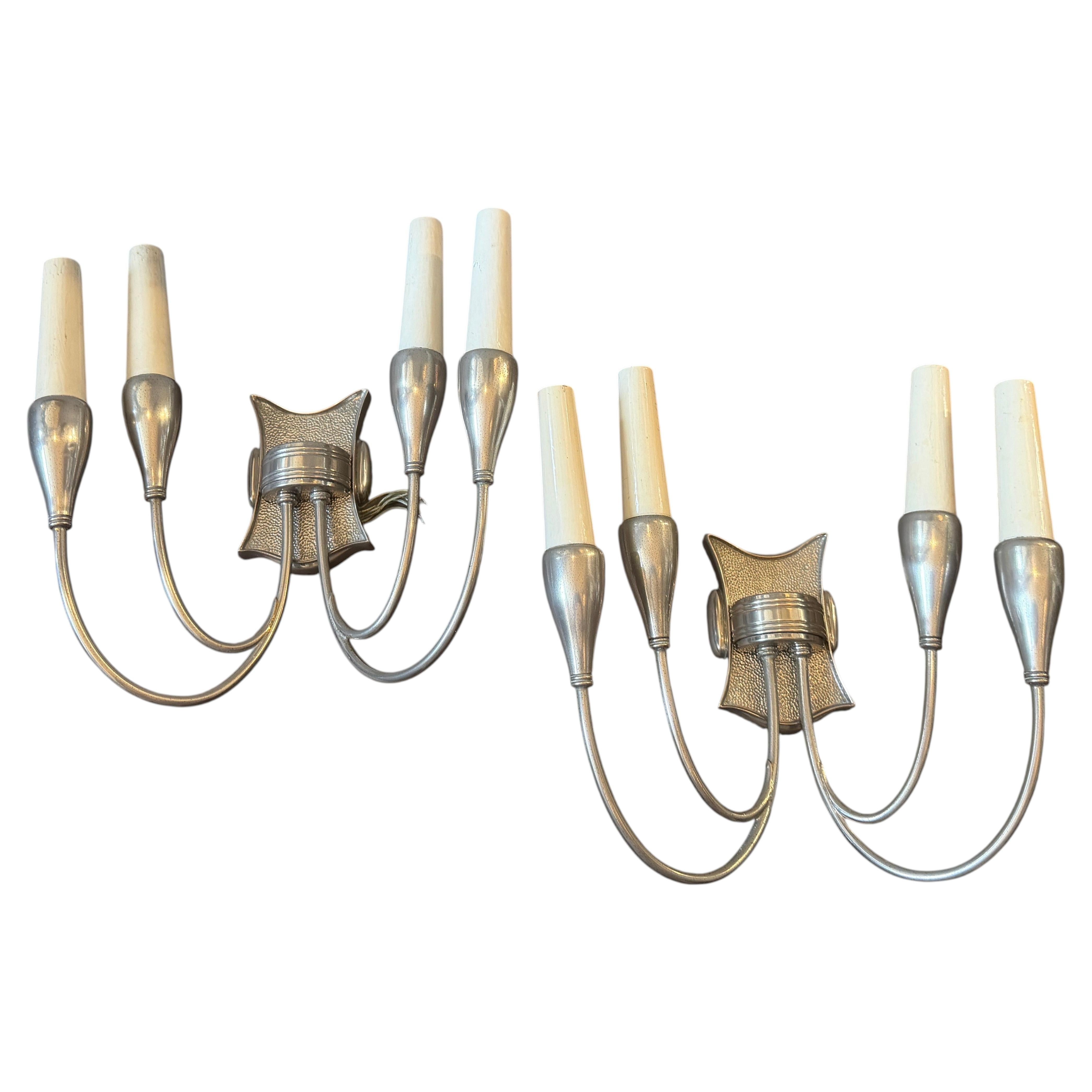 1950s Pietro Chiesa Style Mid-Century Art Deco Nickel Plated Brass Wall Sconces For Sale