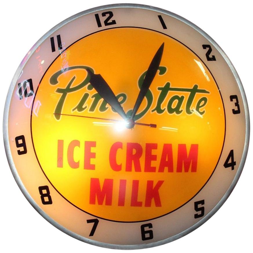 1950s Pine State Ice Cream and Milk Advertising Double Bubble Clock For Sale