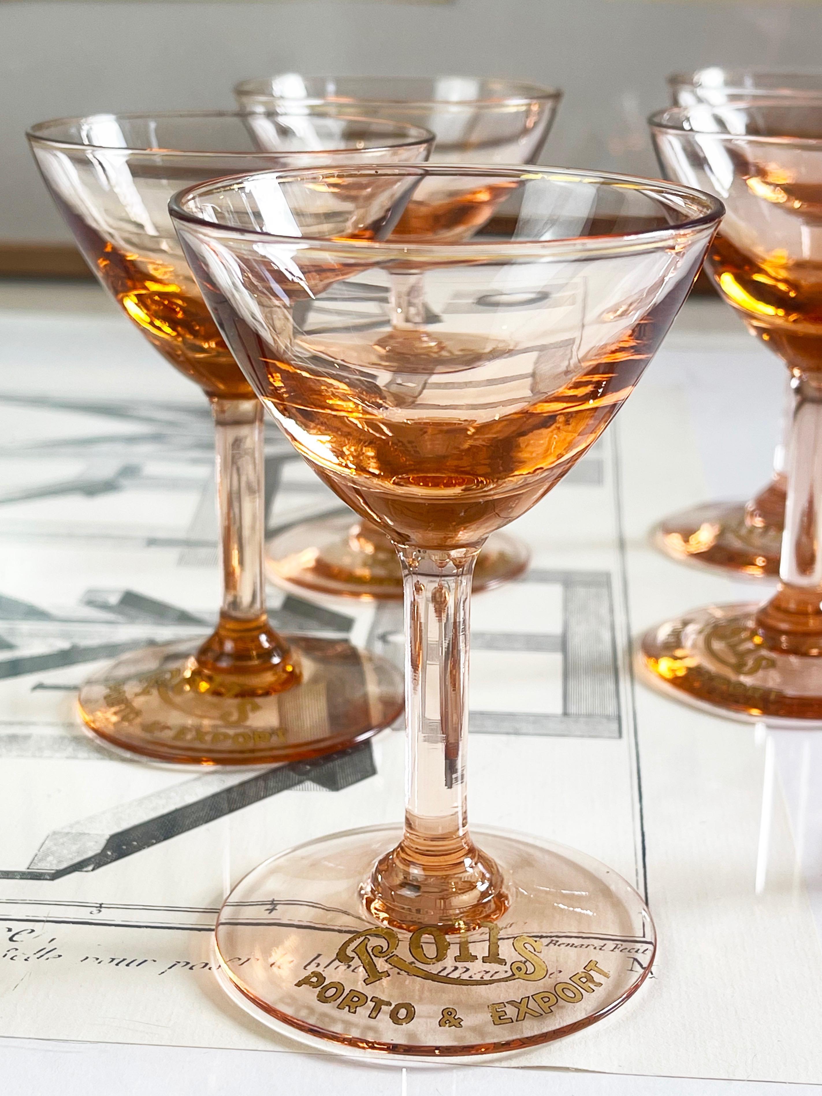 Art déco Petits verres à martini rose et or des années 1950 Art Deko Style by Rolle, set de 6 en vente