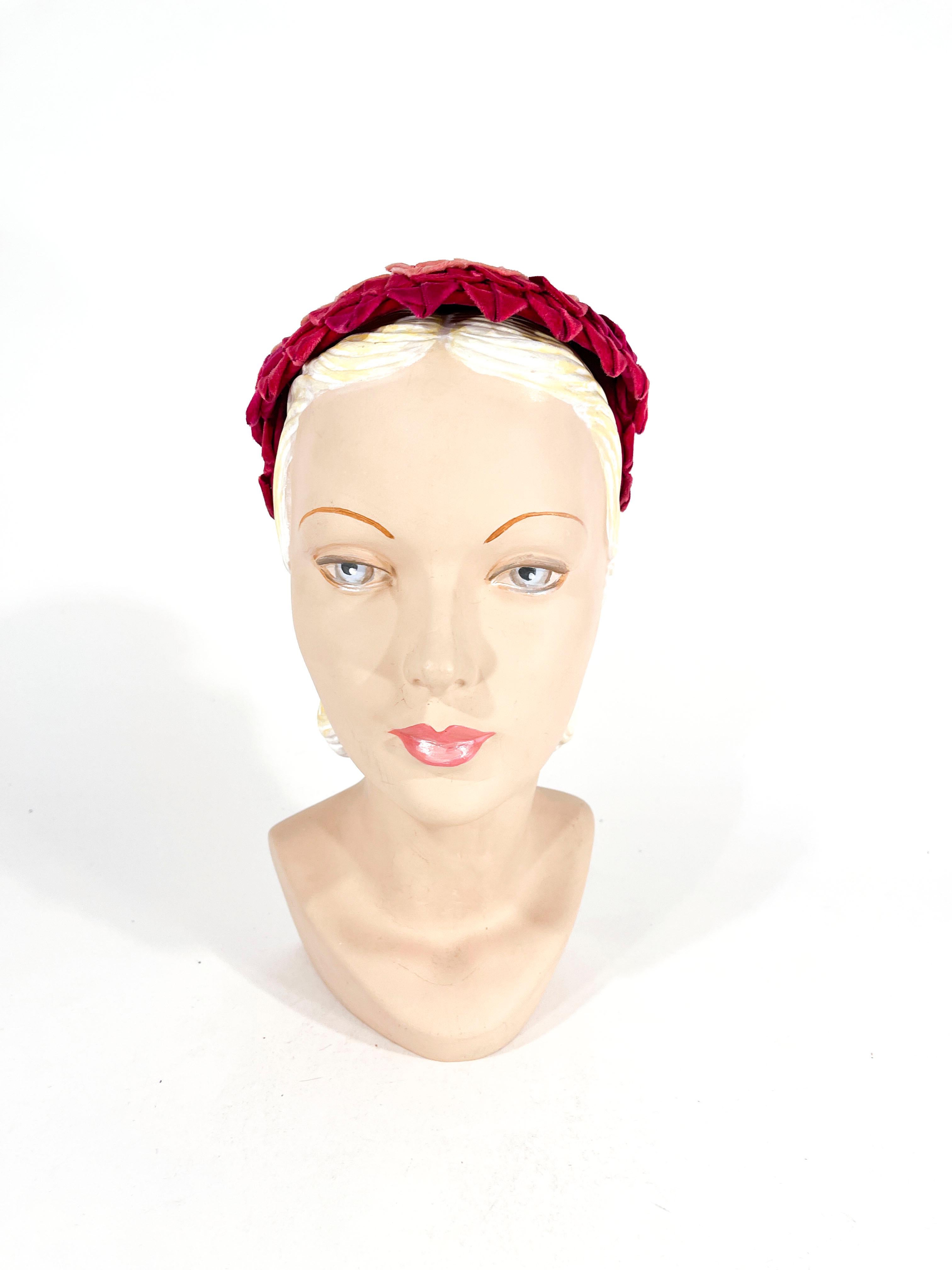 1950s pink and rose velvet ribbon cocktail hat. All of the velvet ribbon is hand-sewn onto a lace mesh base that is attached to a wired head band making this hat very flexible and size-conforming.