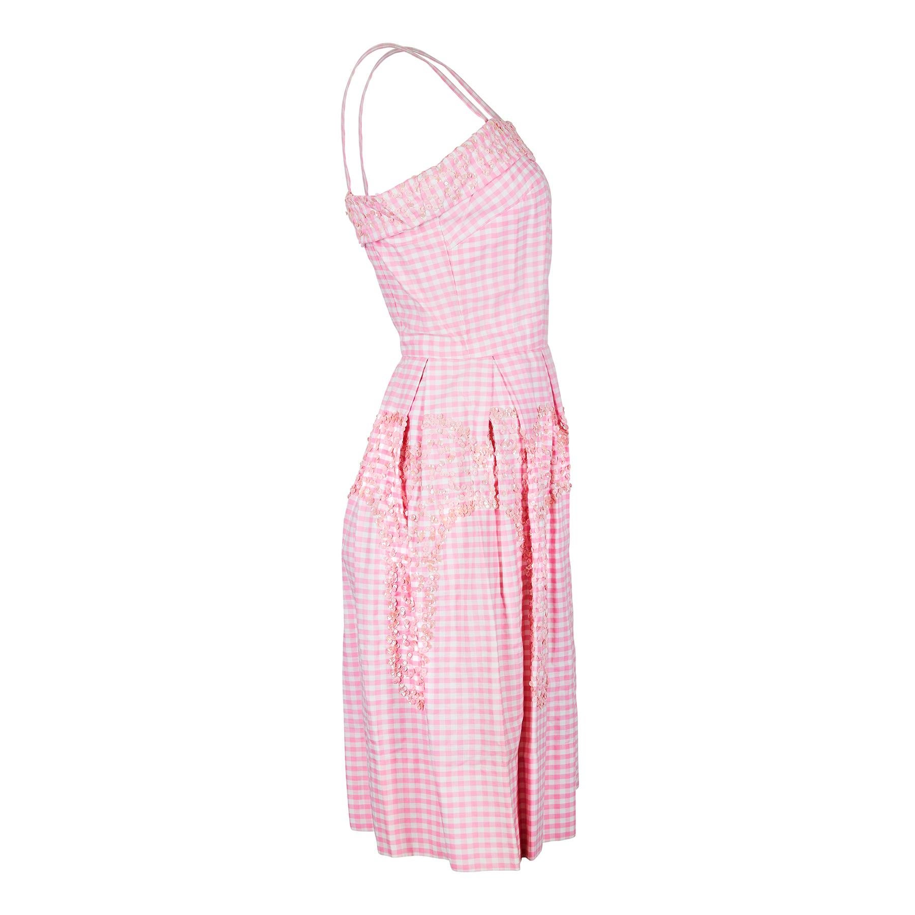 Vestido con lentejuelas de cuadros de guinga rosa y blanco de los años 50 Rosa