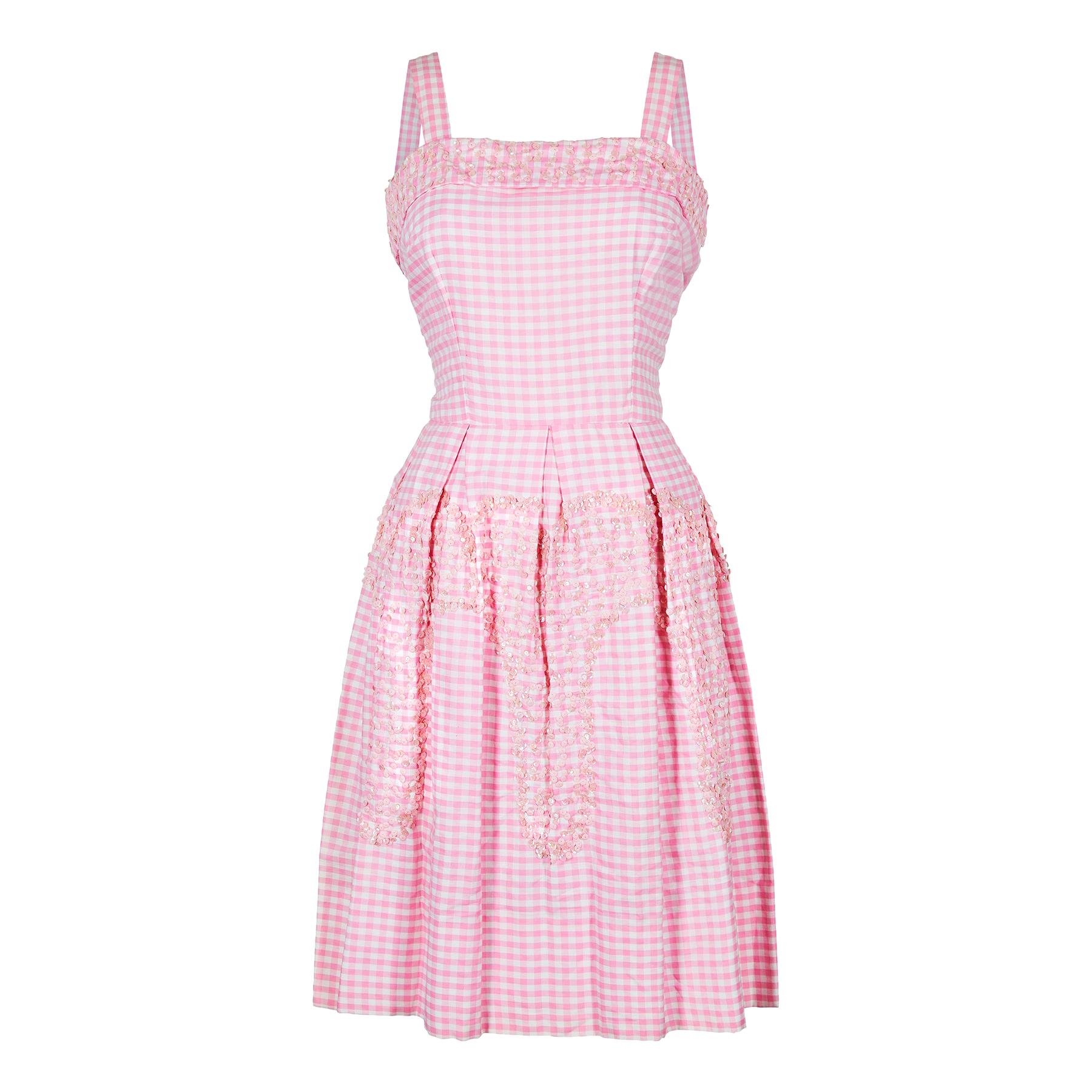  1950s Pink and White Gingham Check Sequinned Dress