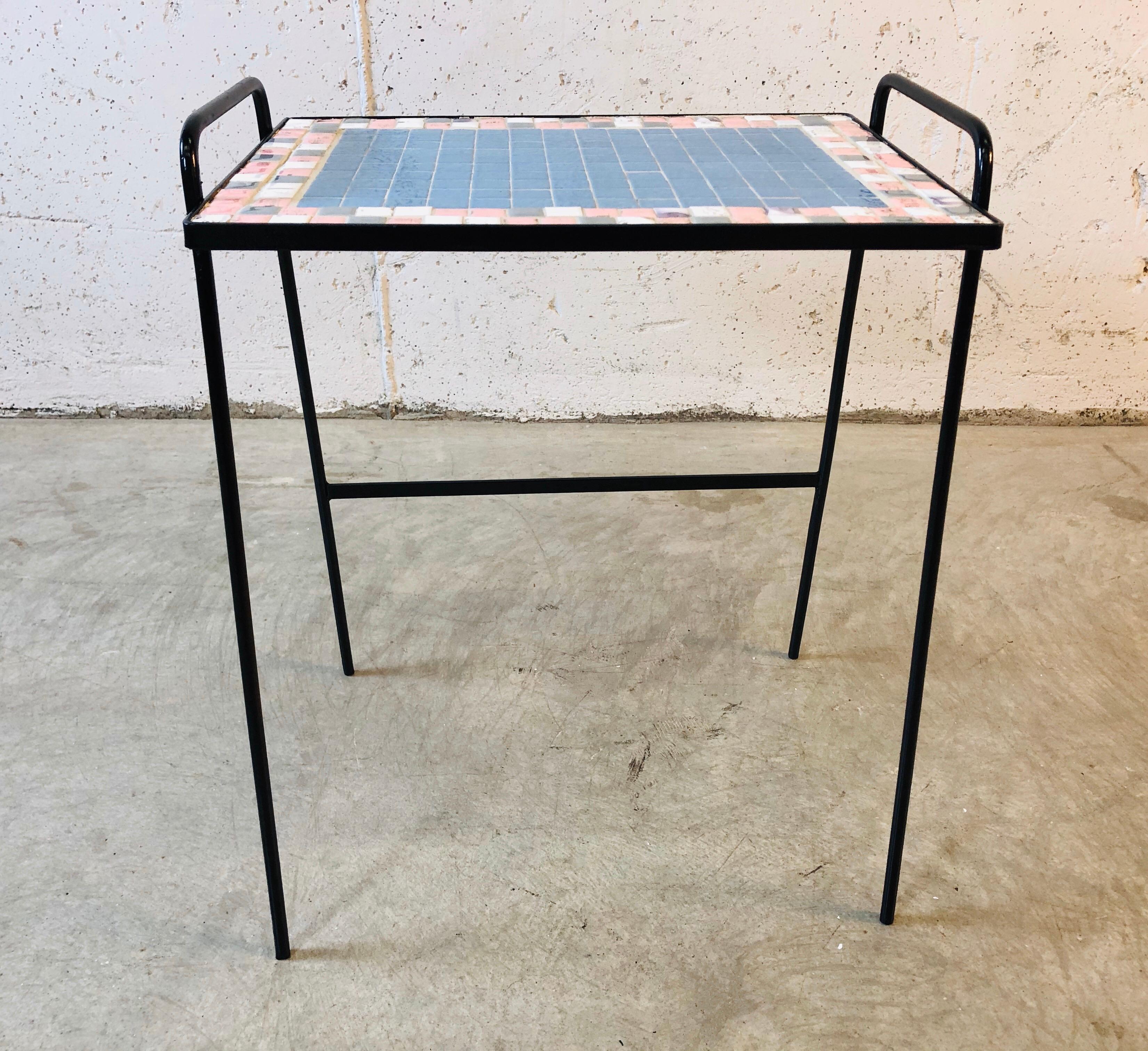 Mid-Century Modern 1950s Pink and Blue Tile Side Accent Table