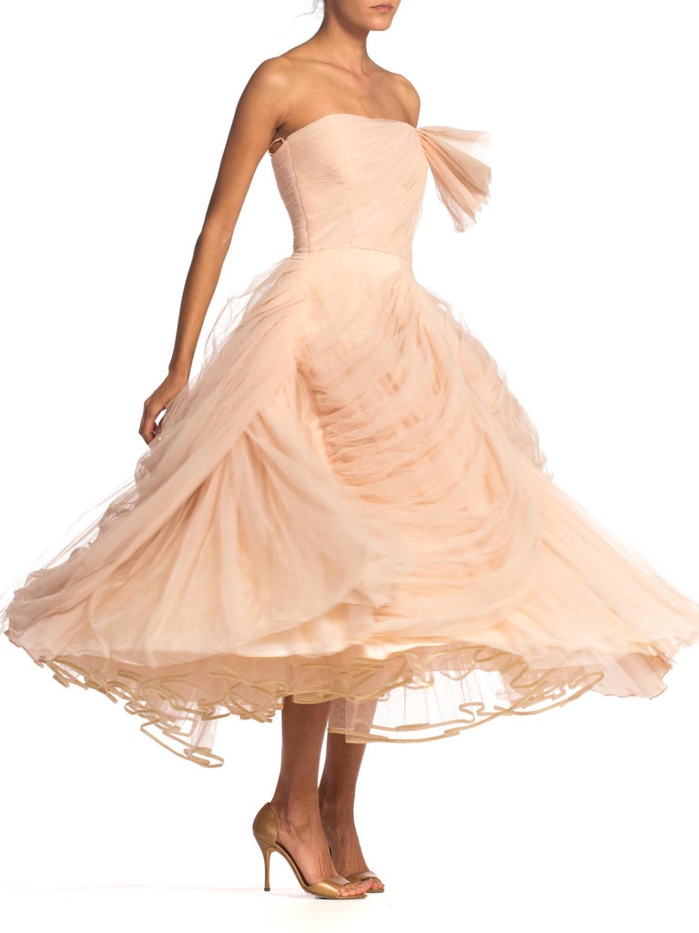 Beige 1950S Blush Pink Rayon & Nylon Tulle Draped Strapless Gown In The Style Of Dior For Sale