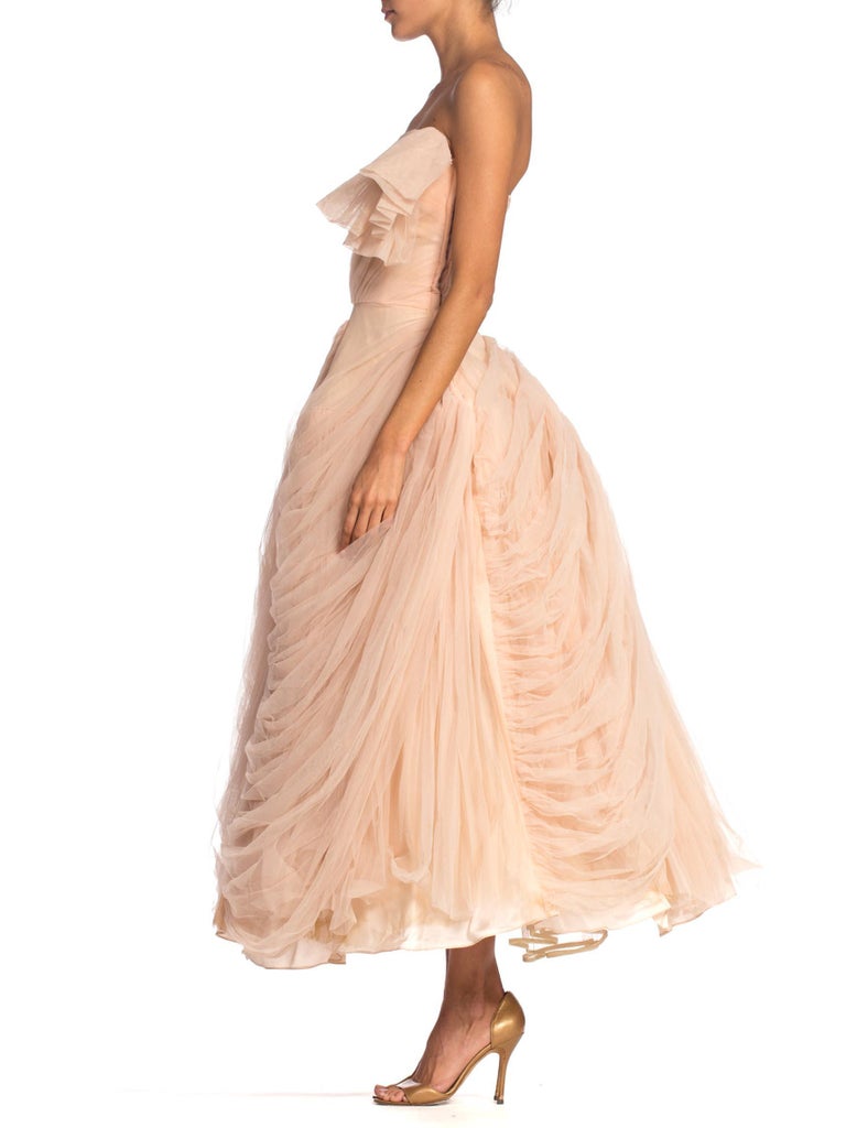 Women's 1950S Blush Pink Rayon & Nylon Tulle Draped Strapless Gown In The Style Of Dior For Sale