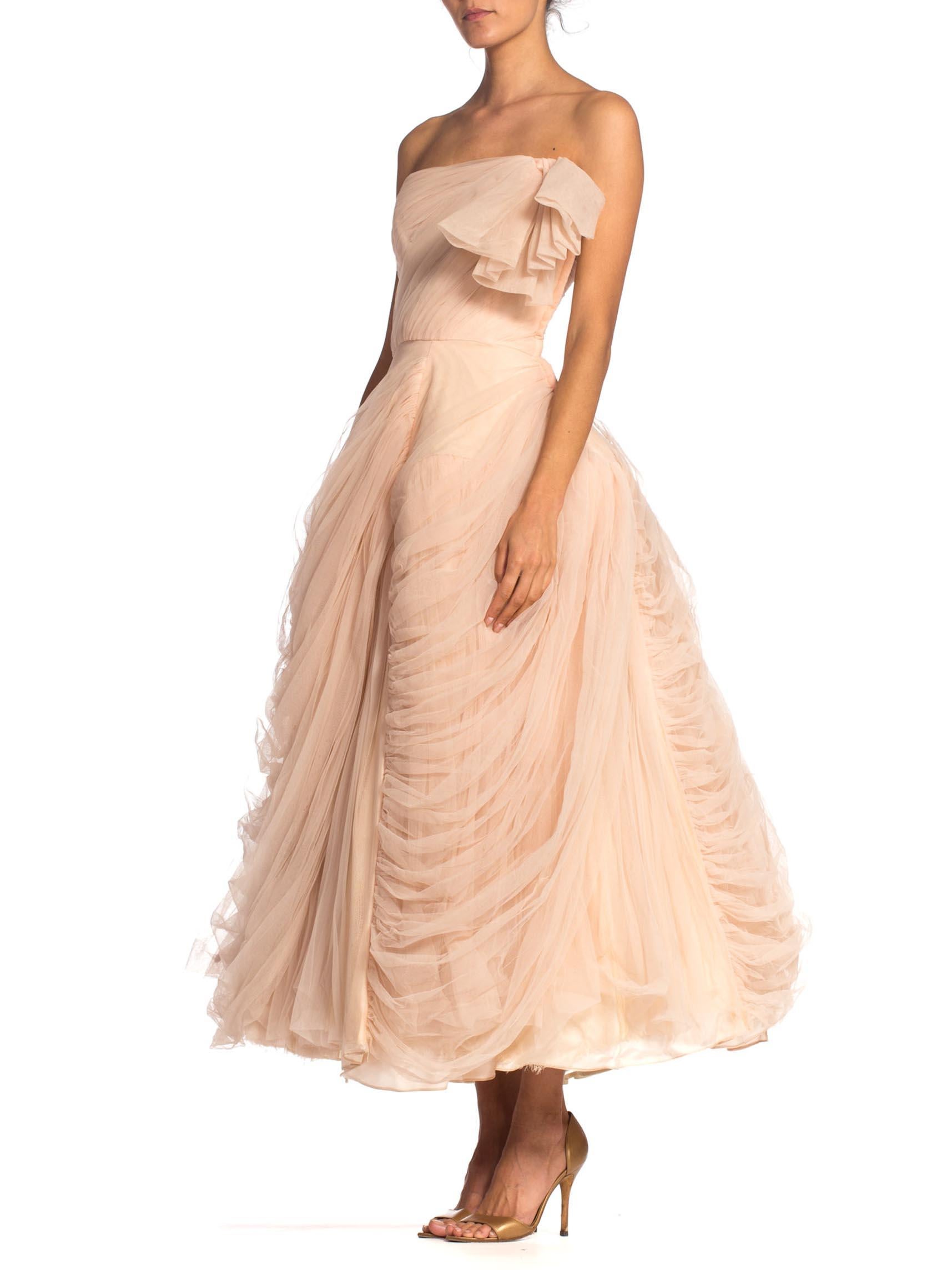 Beige 1950S Blush Pink Rayon & Nylon Tulle Draped Strapless Gown In The Style Of Dior