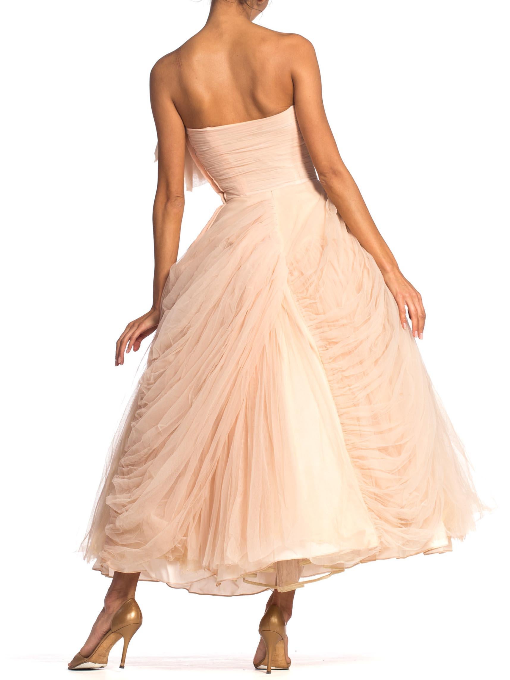 Women's 1950S Blush Pink Rayon & Nylon Tulle Draped Strapless Gown In The Style Of Dior