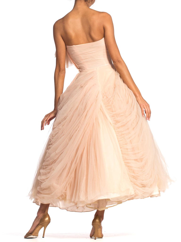1950S Blush Pink Rayon & Nylon Tulle Draped Strapless Gown In The Style Of Dior For Sale 3