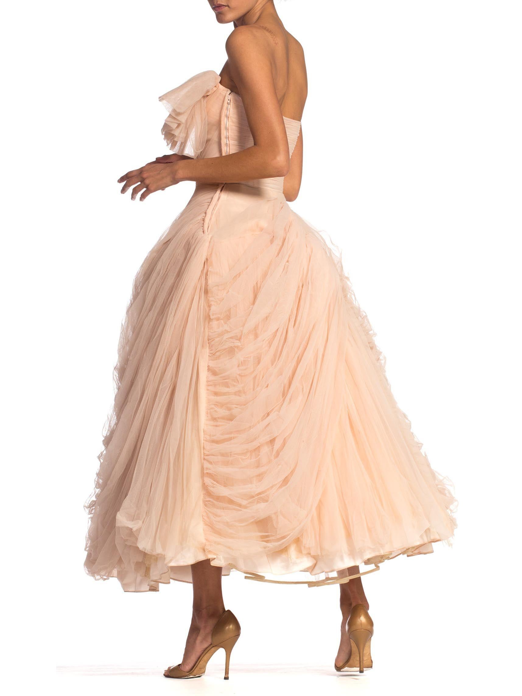 1950S Blush Pink Rayon & Nylon Tulle Draped Strapless Gown In The Style Of Dior 1