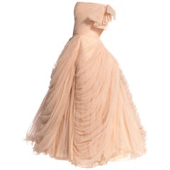 1950S Blush Pink Rayon & Nylon Tulle Draped Strapless Gown In The Style Of Dior