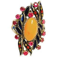 1950s Pink Cabochon Coral, Rubys, Enamel 14 Karat Gold Cocktail Fashion Ring