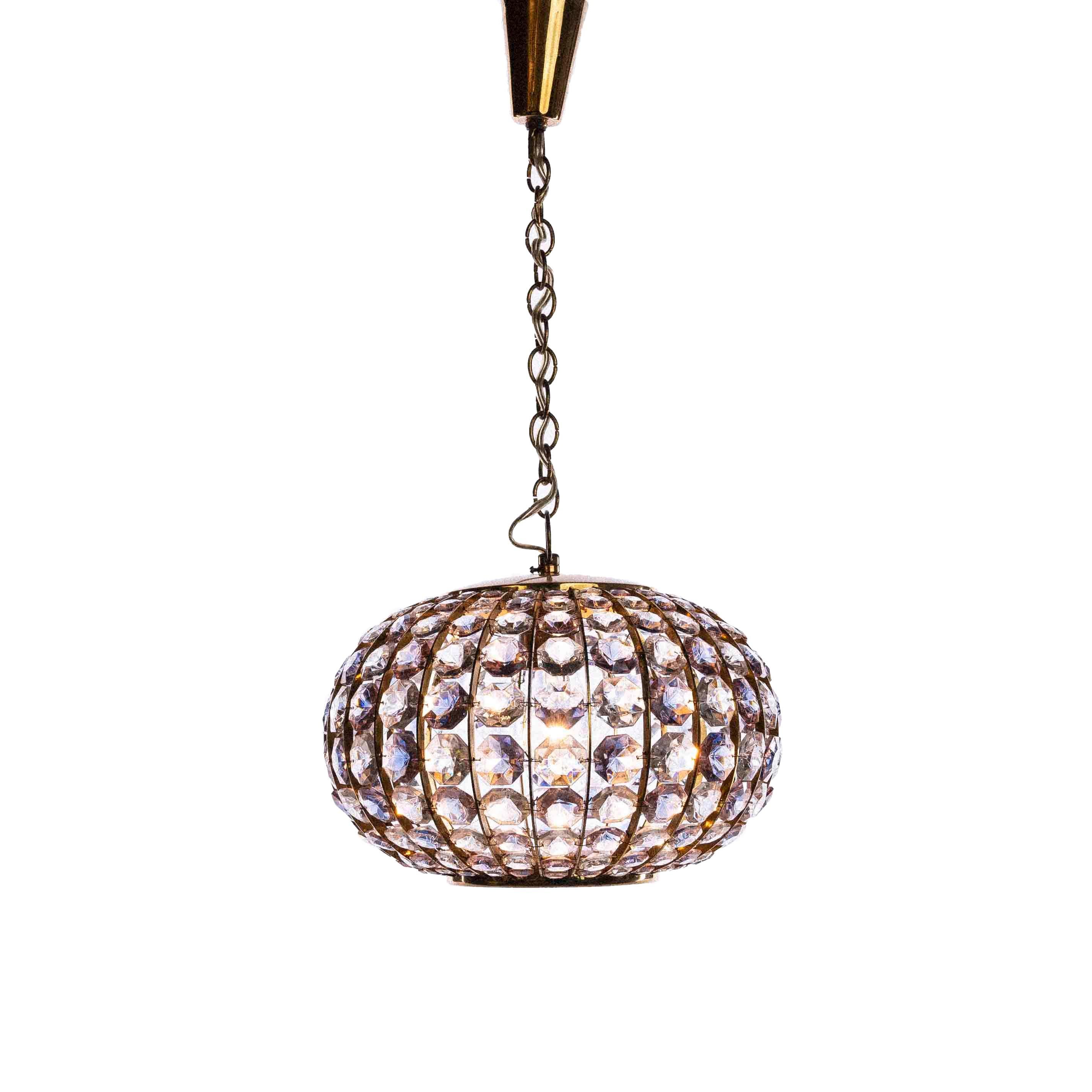 Beautiful petite brass and glass pendant fixture by Bakalowits & Sohne, 
Ten horizontal rows of pink and clear crystal diamond cut crystals in different sizes and color – Small fixture but gives a luxurious look to the room.
Measures: Height with