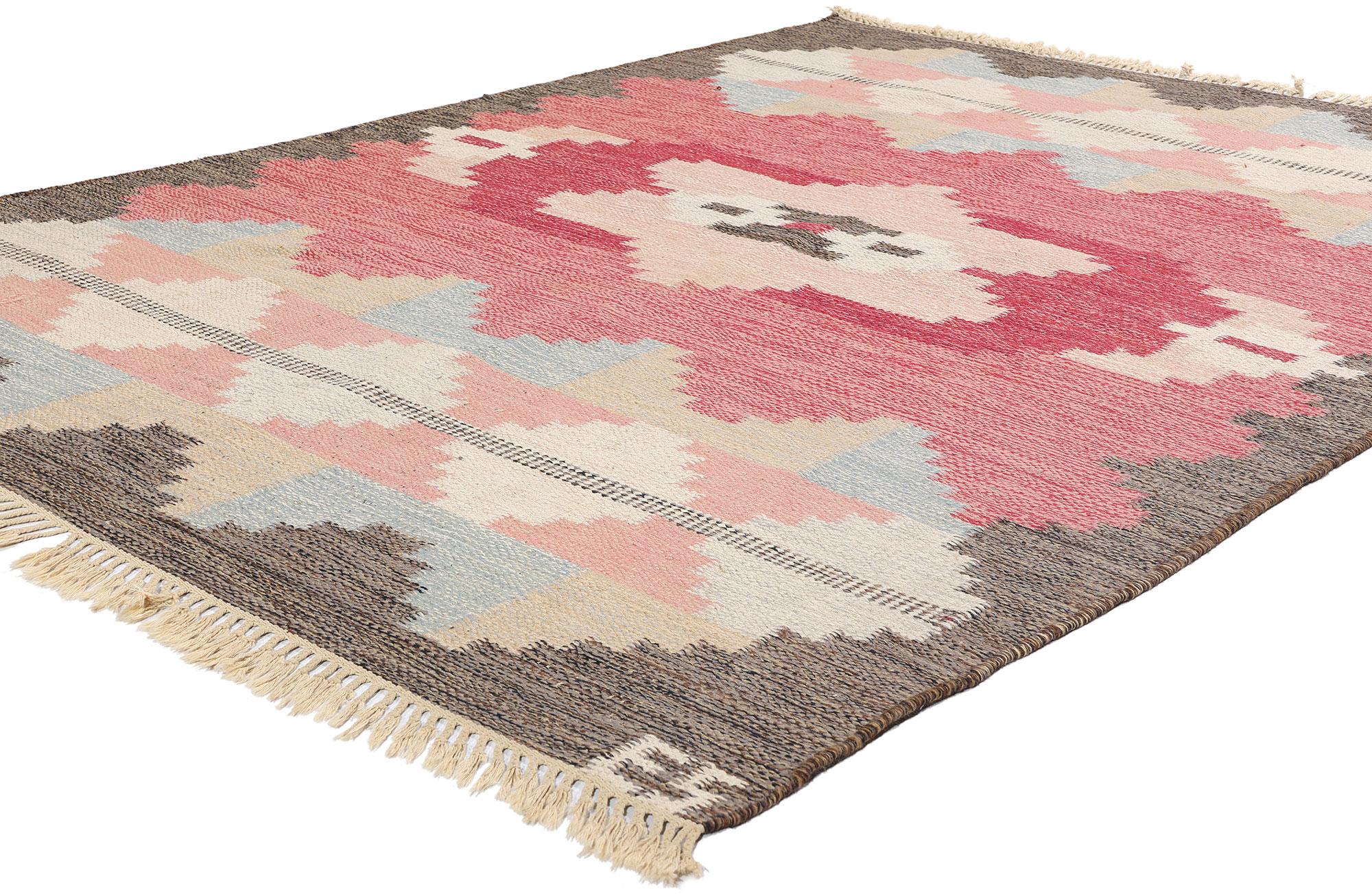 79045 Evy Svensson Vintage Swedish Rollakan Rug, 05'08 x 07'09. Dieser handgewebte schwedische Rollakan-Teppich aus Wolle, der von der talentierten Textilkünstlerin Evy Svensson entworfen wurde, verkörpert die Essenz der skandinavischen Moderne und