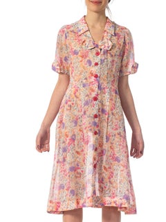 1950S Pink Floral Cotton Lawn 90S Grunge Button Front Dress With Cute Bow