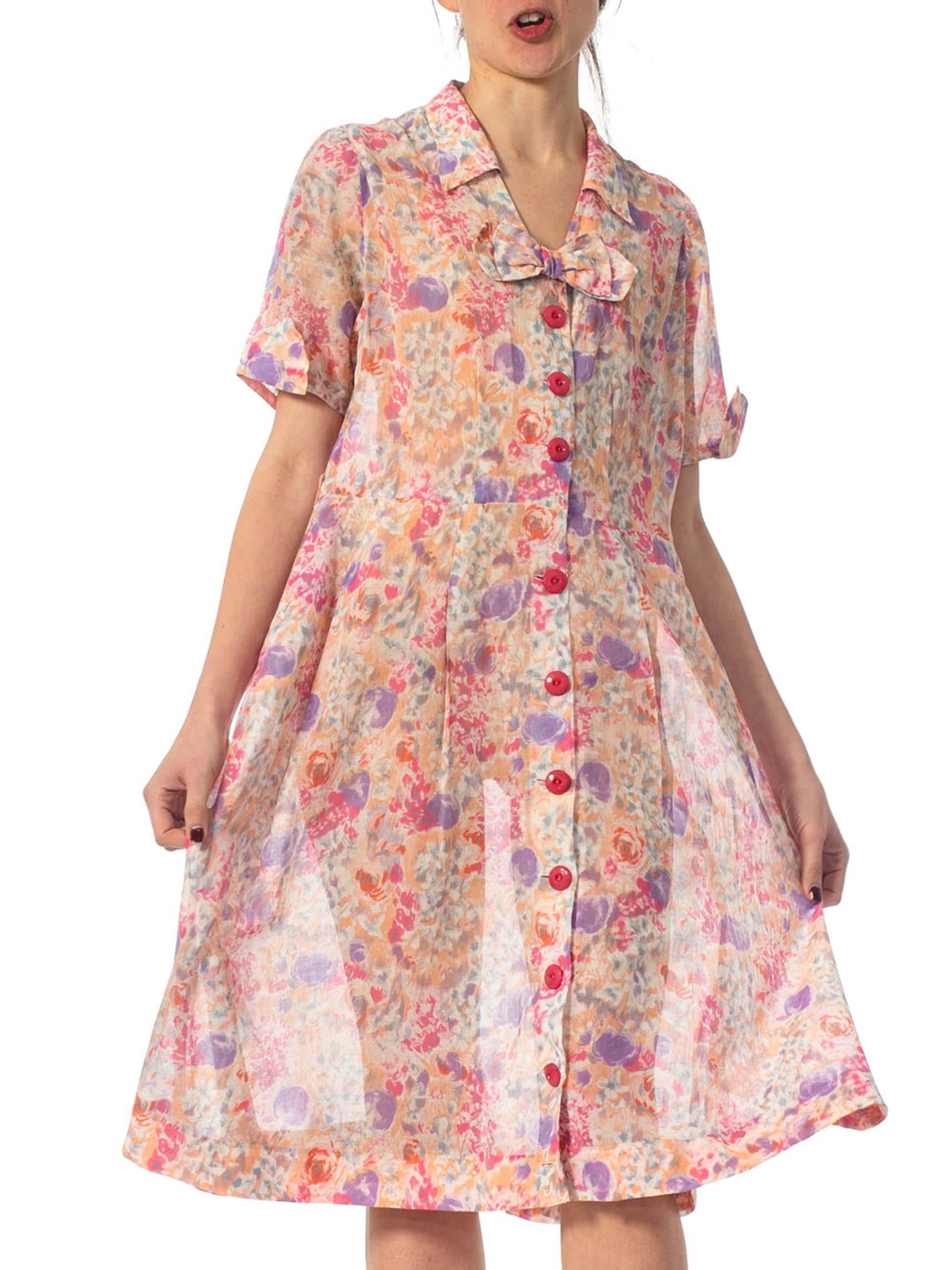 Women's 1950S Pink Floral Cotton Lawn 90S Grunge Button Front Dress With Cute Bow