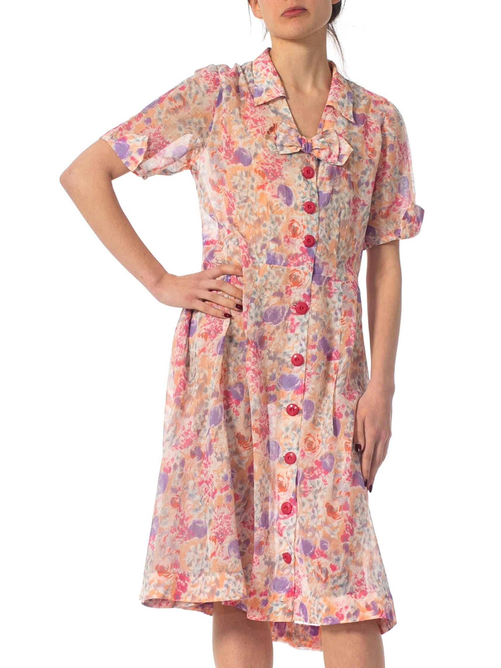 1950S Pink Floral Cotton Lawn 90S Grunge Button Front Dress With Cute Bow 1