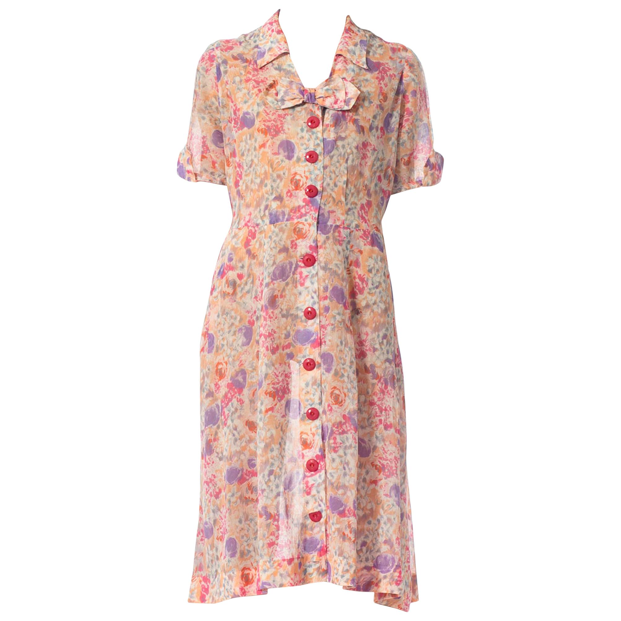 1950S Pink Floral Cotton Lawn 90S Grunge Button Front Dress With Cute Bow