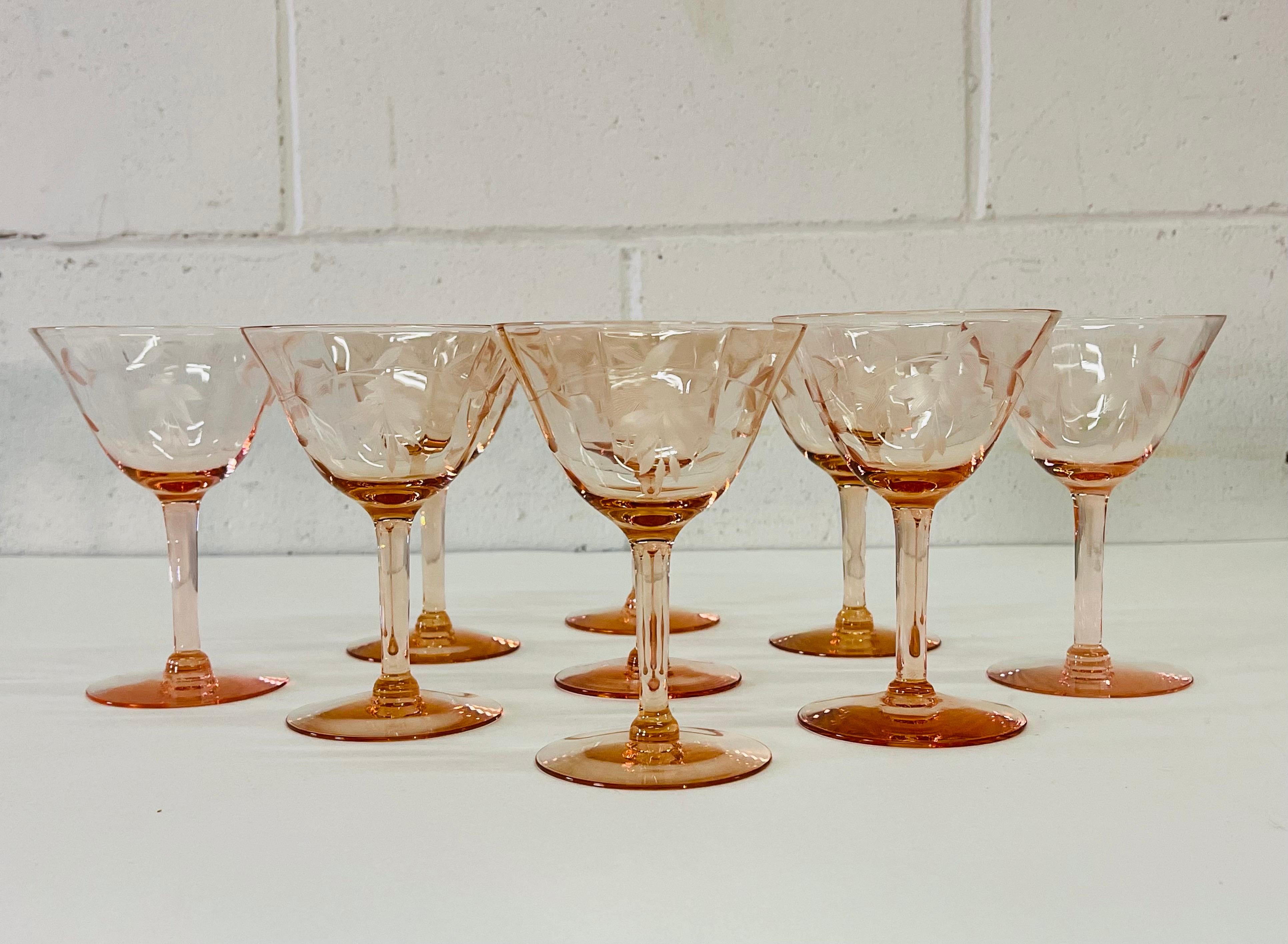 Mid-Century Modern 1950s Pink Floral Etched Glass Coupes, Set of 9 For Sale