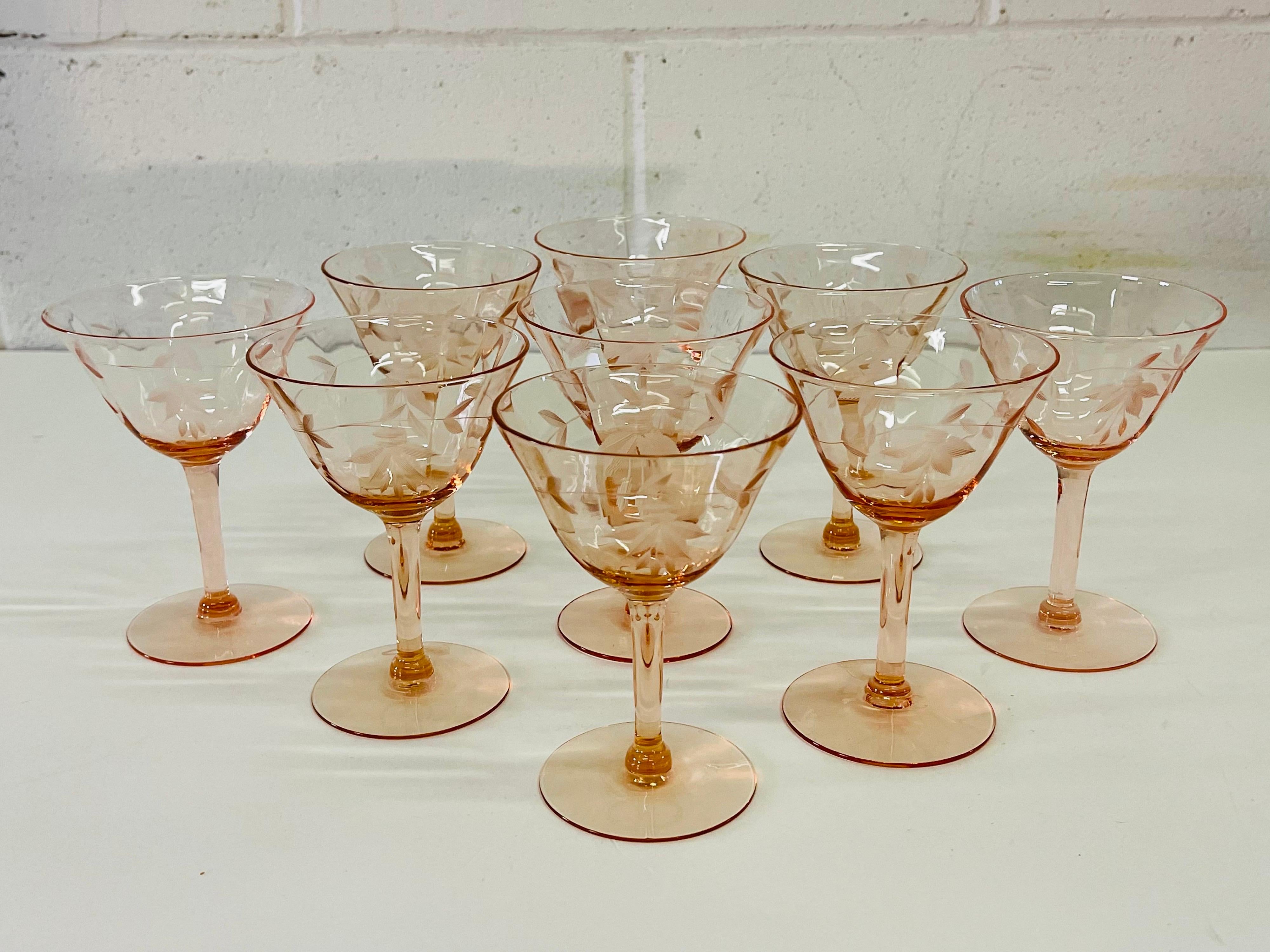 1950s Pink Floral Etched Glass Coupes, Set of 9 In Good Condition For Sale In Amherst, NH