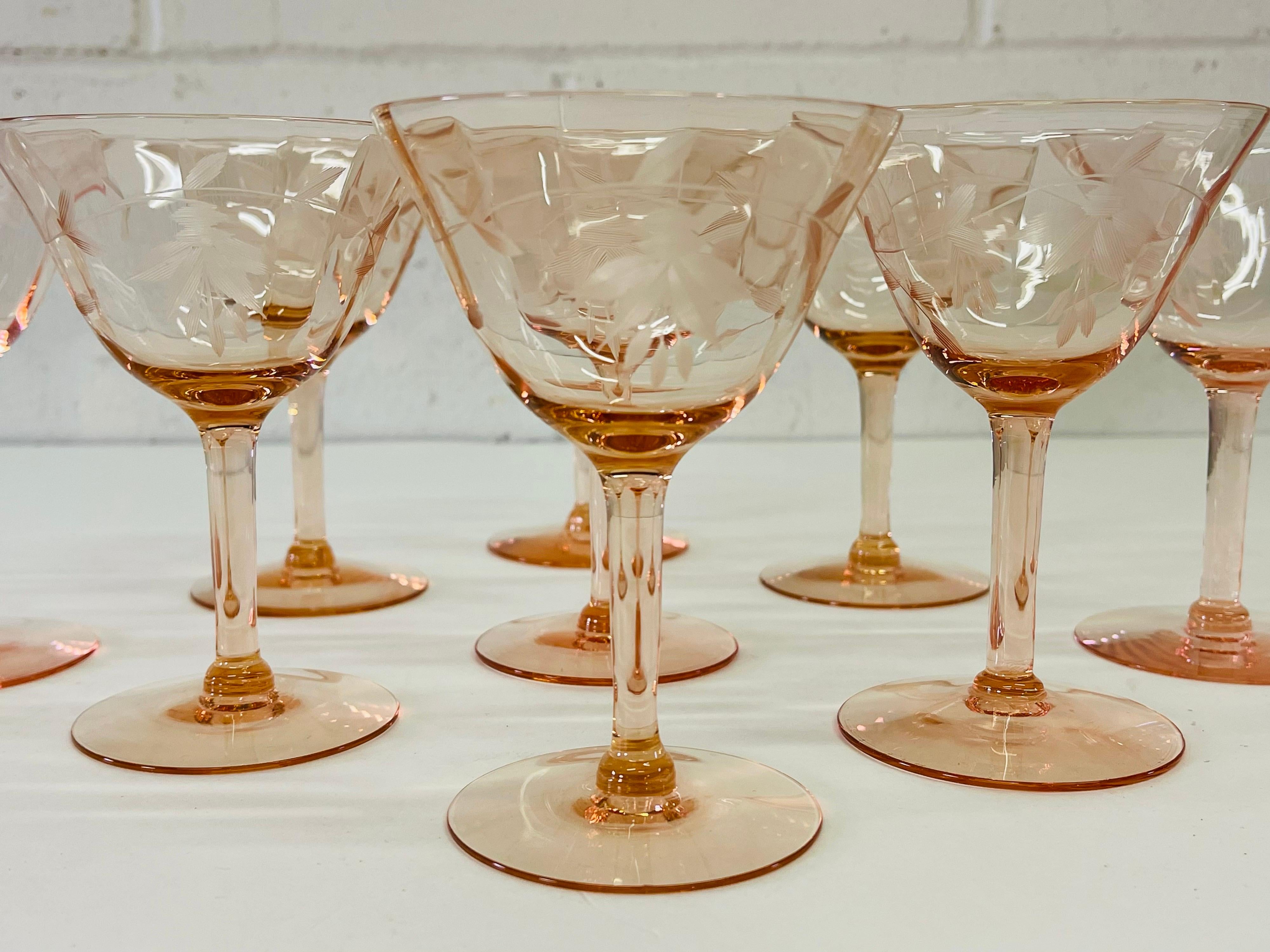 20th Century 1950s Pink Floral Etched Glass Coupes, Set of 9 For Sale