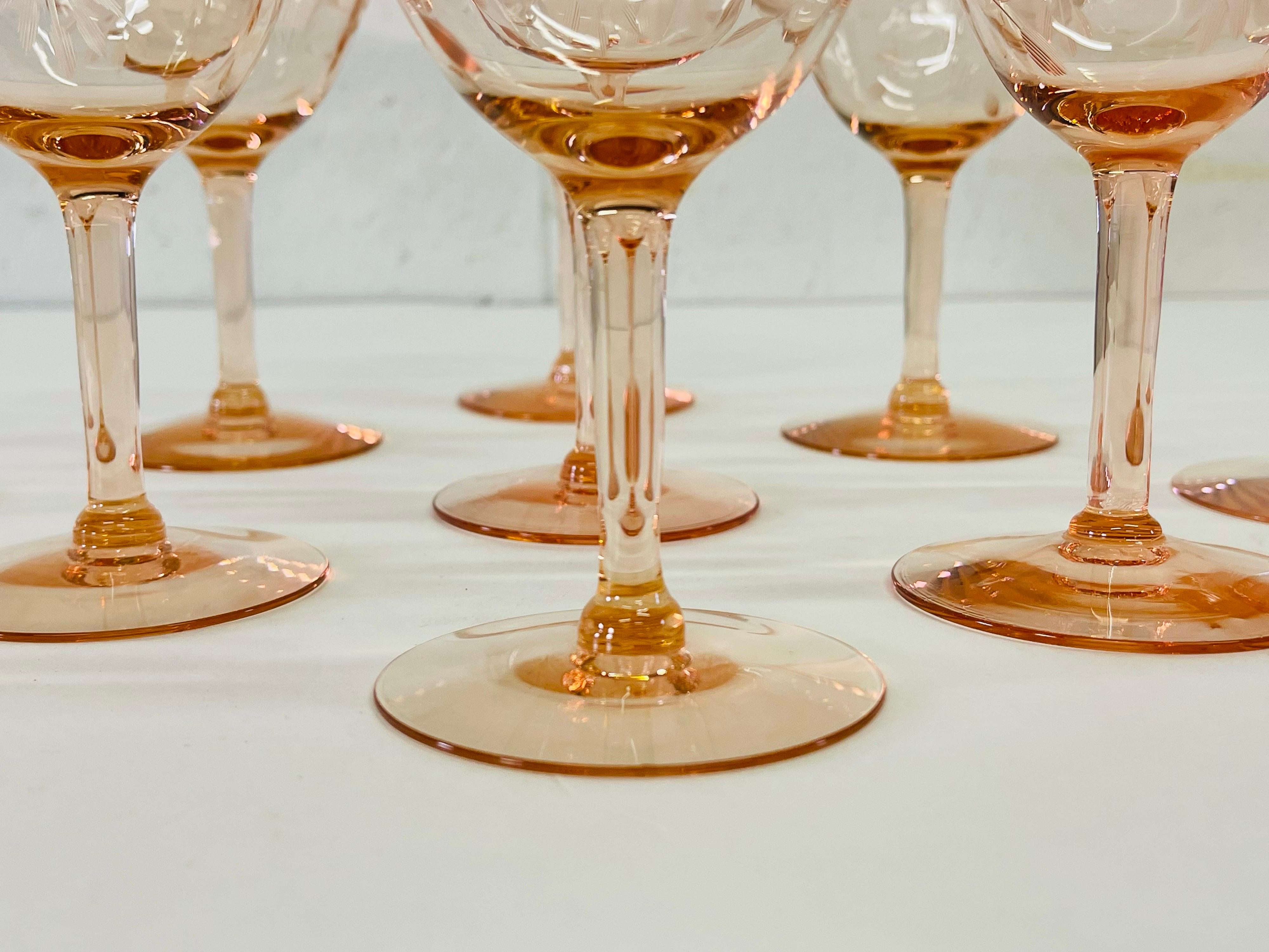 1950s Pink Floral Etched Glass Coupes, Set of 9 For Sale 1