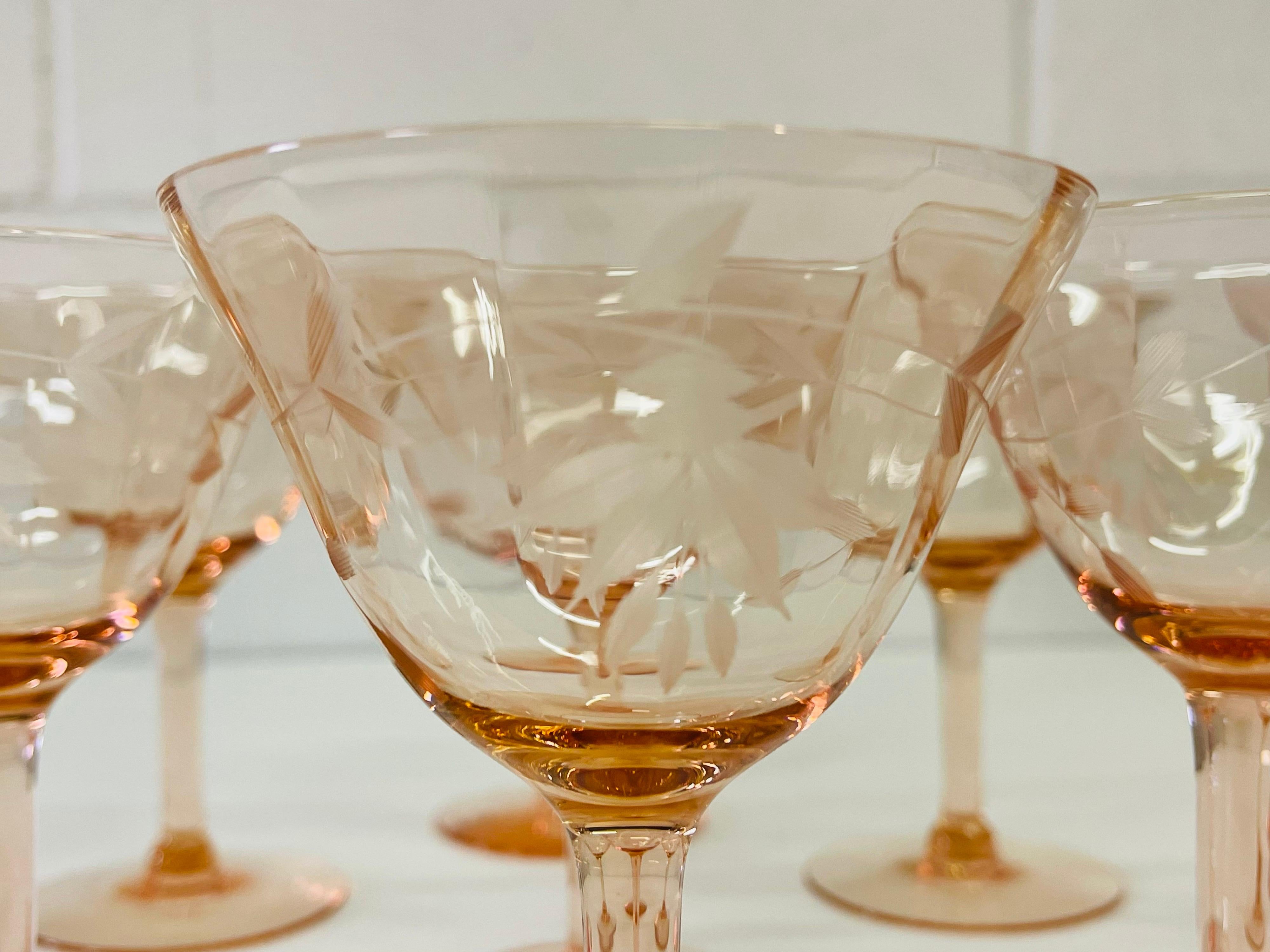 1950s Pink Floral Etched Glass Coupes, Set of 9 For Sale 2