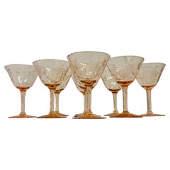 1950s Pink Floral Etched Glass Coupes, Set of 9