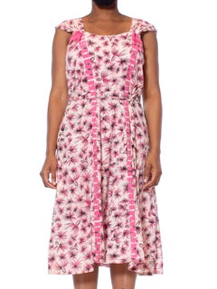 1950S Pink Light Weight Cotton Abstract Floral Rockabilly Style Dress