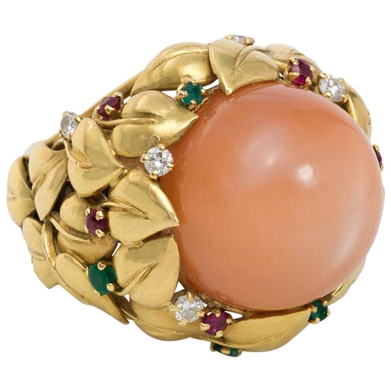 1950s Pink Moonstone and Multi-Gemstone Cocktail Ring of Foliate Design