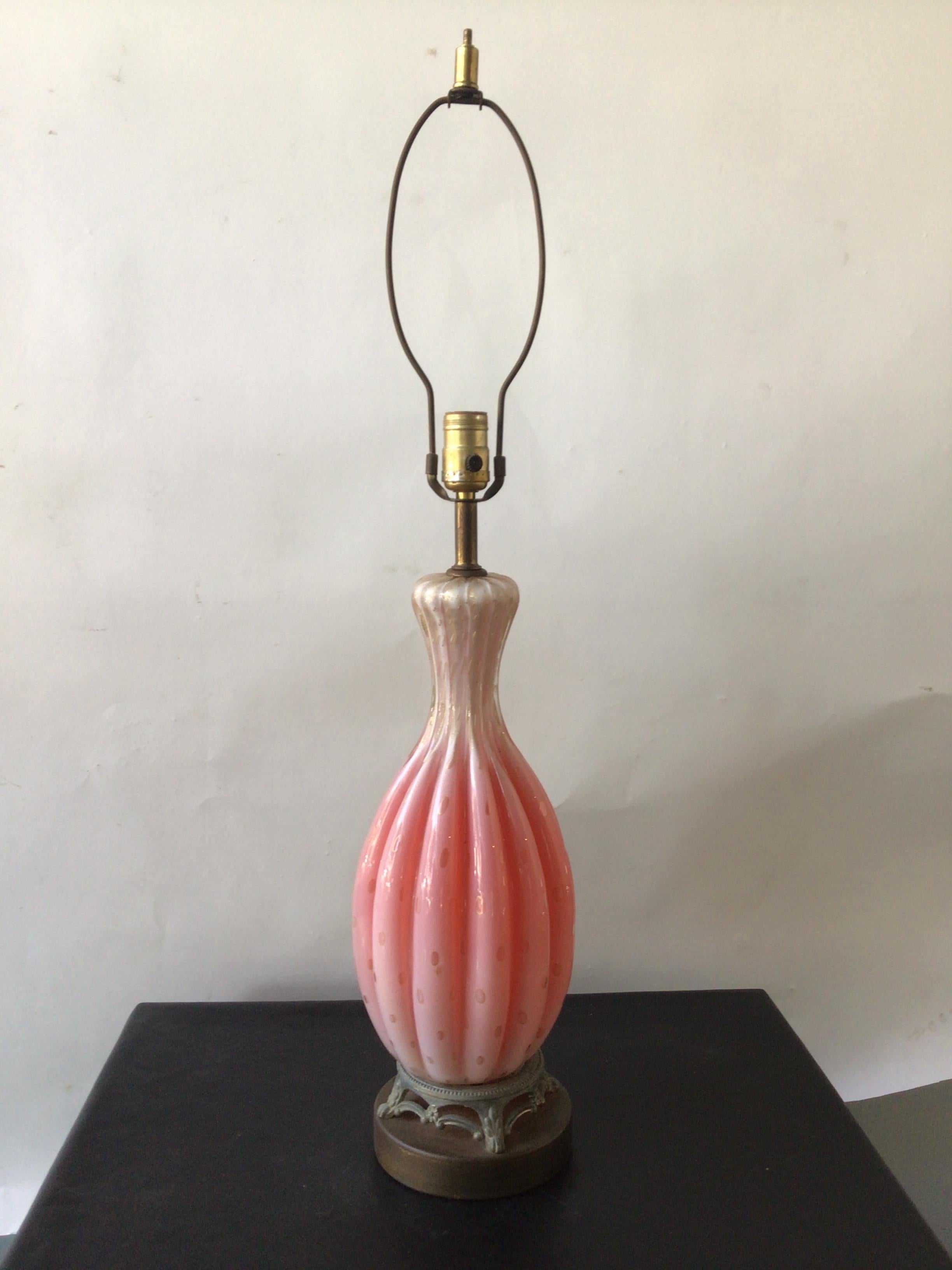 1950s Pink Murano glass lamp with gold flecks.