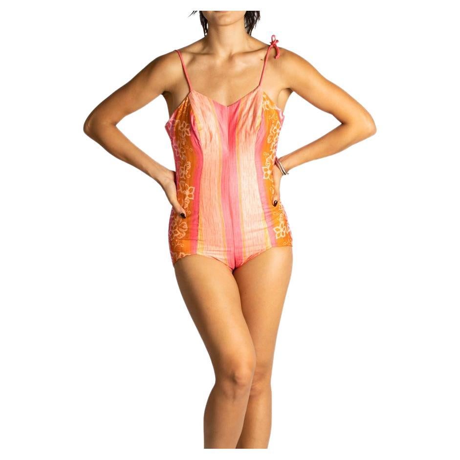 1950S Pink & Orange Cotten Sateen Nani Of Hawaii Sun Suit Swimsuit With Hibiscu For Sale