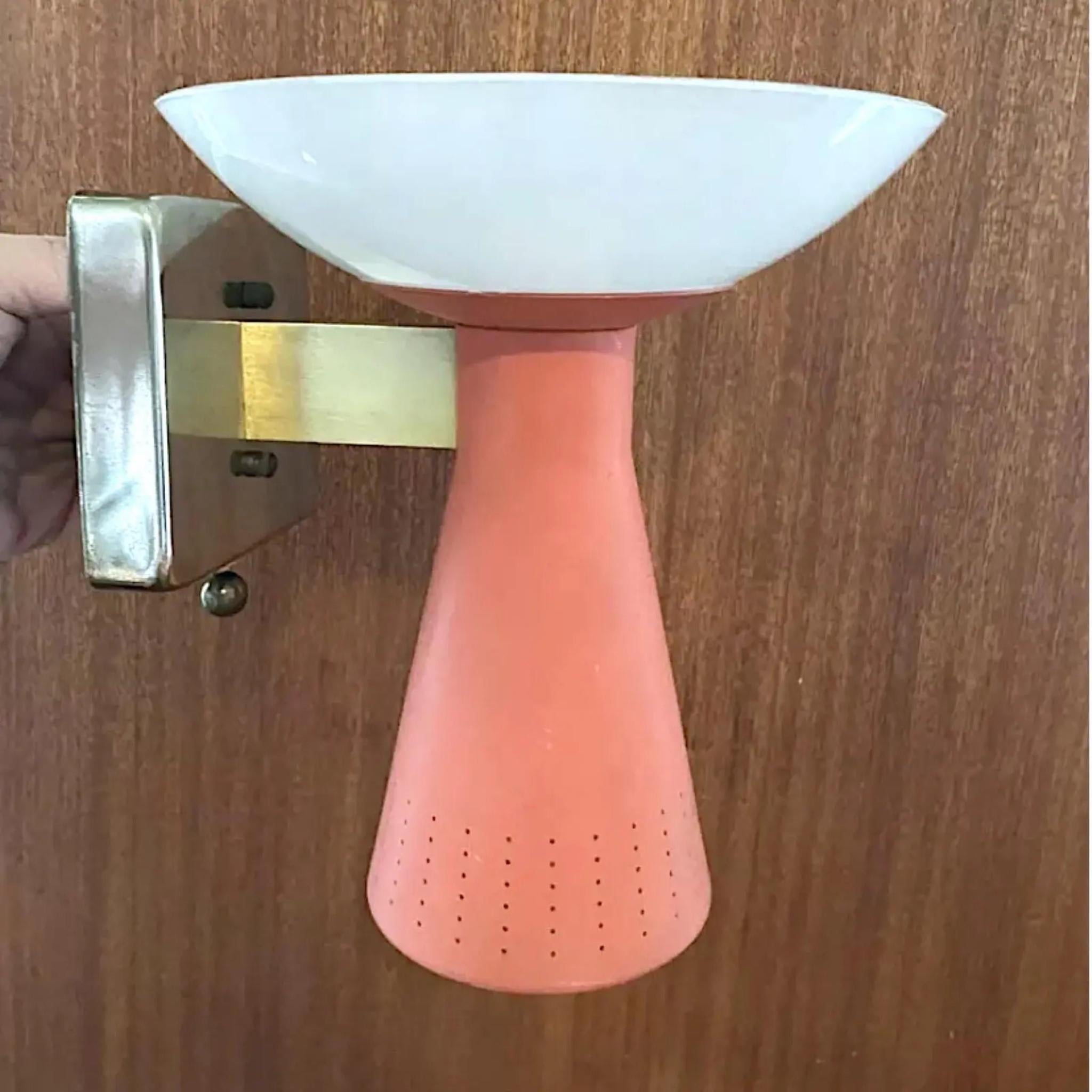 American 1950’s, Pink Perforated Metal and Glass Sconce For Sale