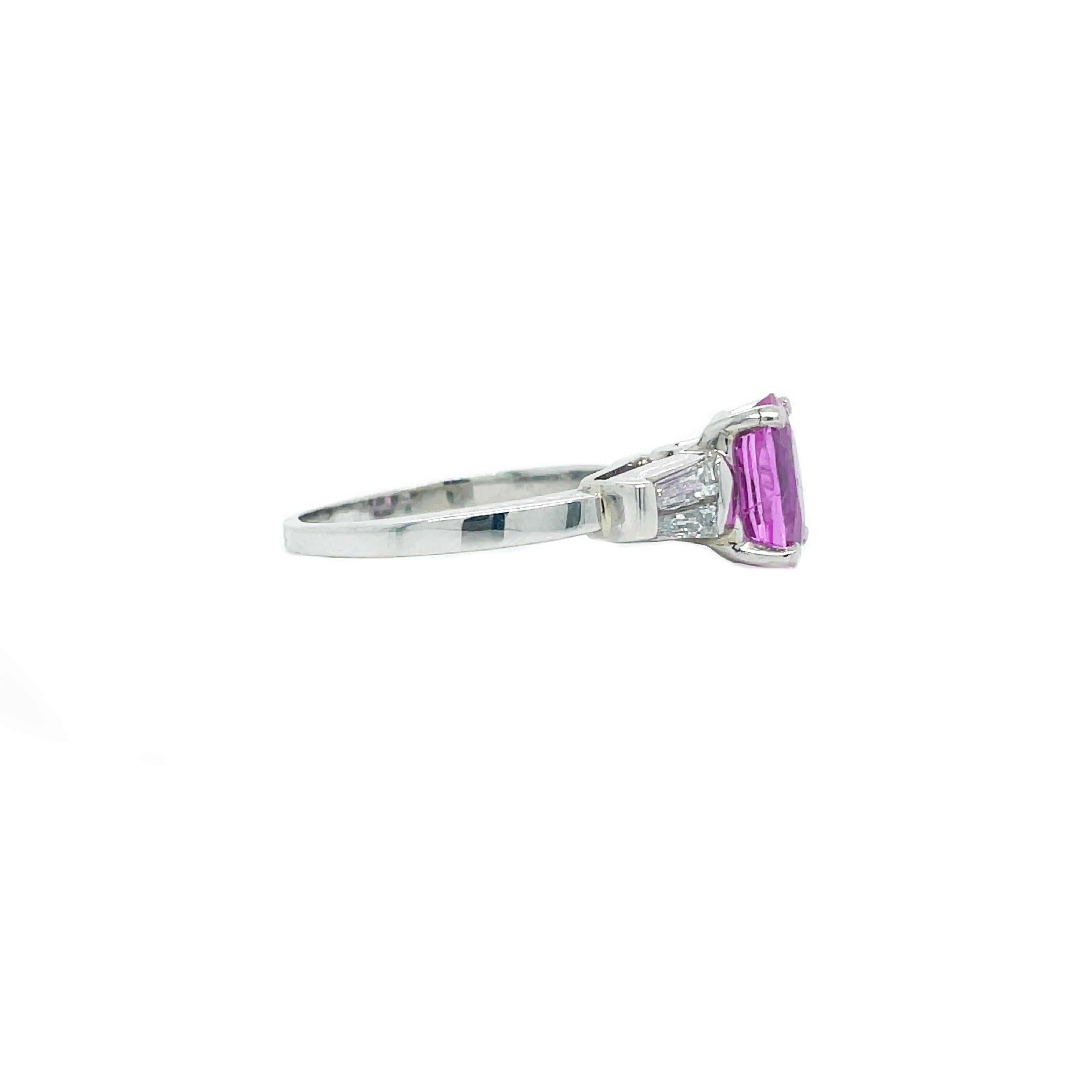 Oval Cut 1950's Pink Sapphire and Baguette Platinum Ring with AGL Report For Sale