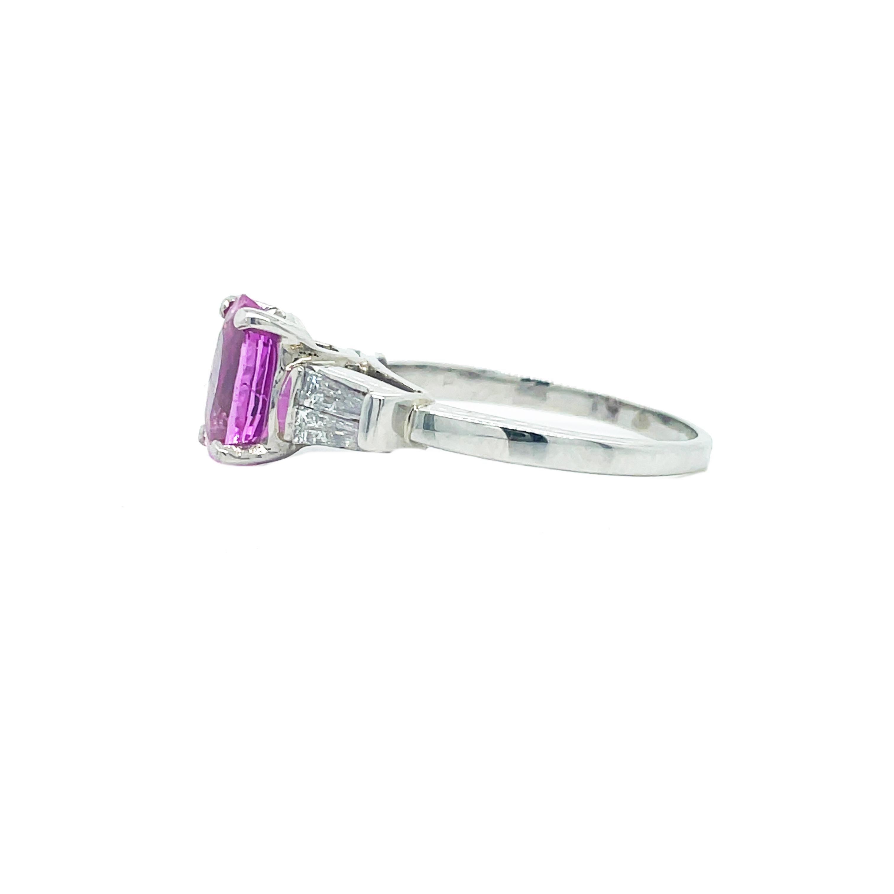 Women's 1950's Pink Sapphire and Baguette Platinum Ring with AGL Report For Sale