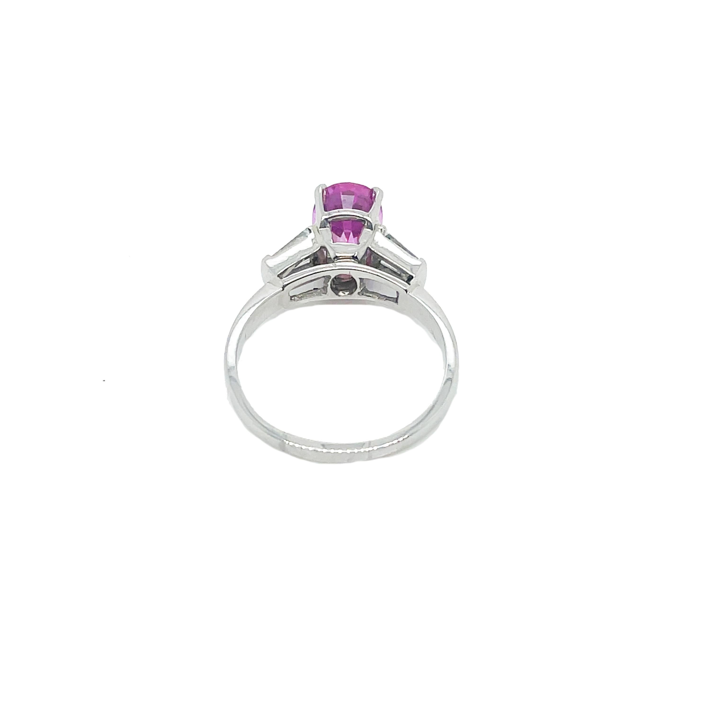 1950's Pink Sapphire and Baguette Platinum Ring with AGL Report For Sale 2