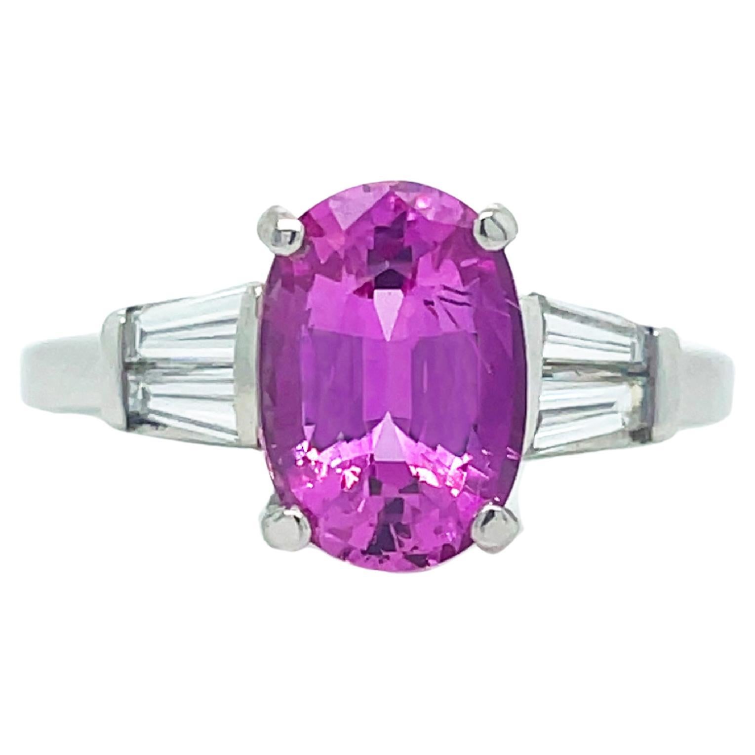 1950's Pink Sapphire and Baguette Platinum Ring with AGL Report