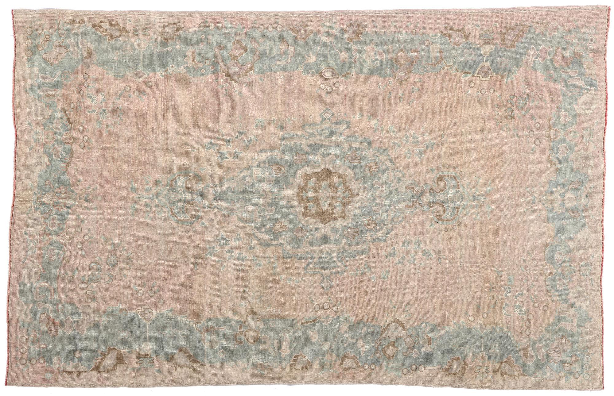 Hand-Knotted 1950's Pink Turkish Oushak Carpet with Modern Style For Sale