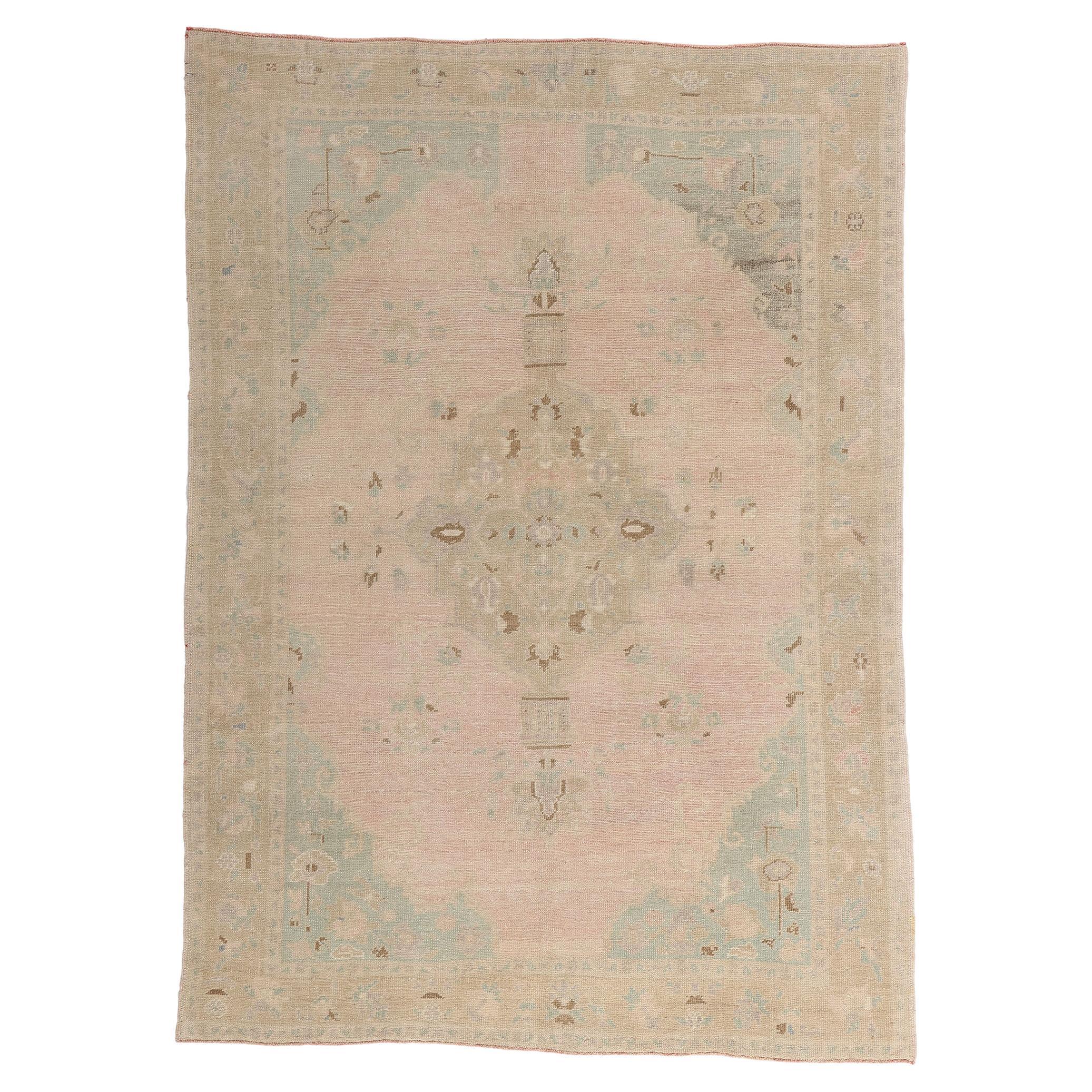 1950's Pink Turkish Oushak Carpet with Modern Style