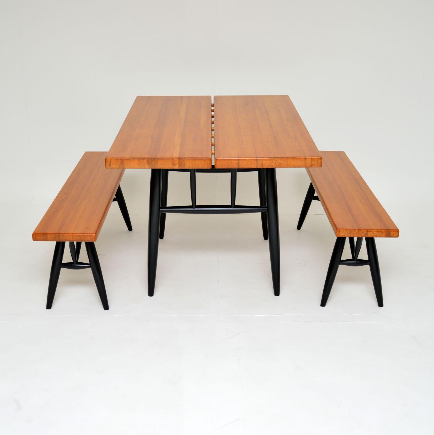 Mid-Century Modern 1950's Pirkka Dining Table & Benches by Ilmari Tapiovara for Asko For Sale