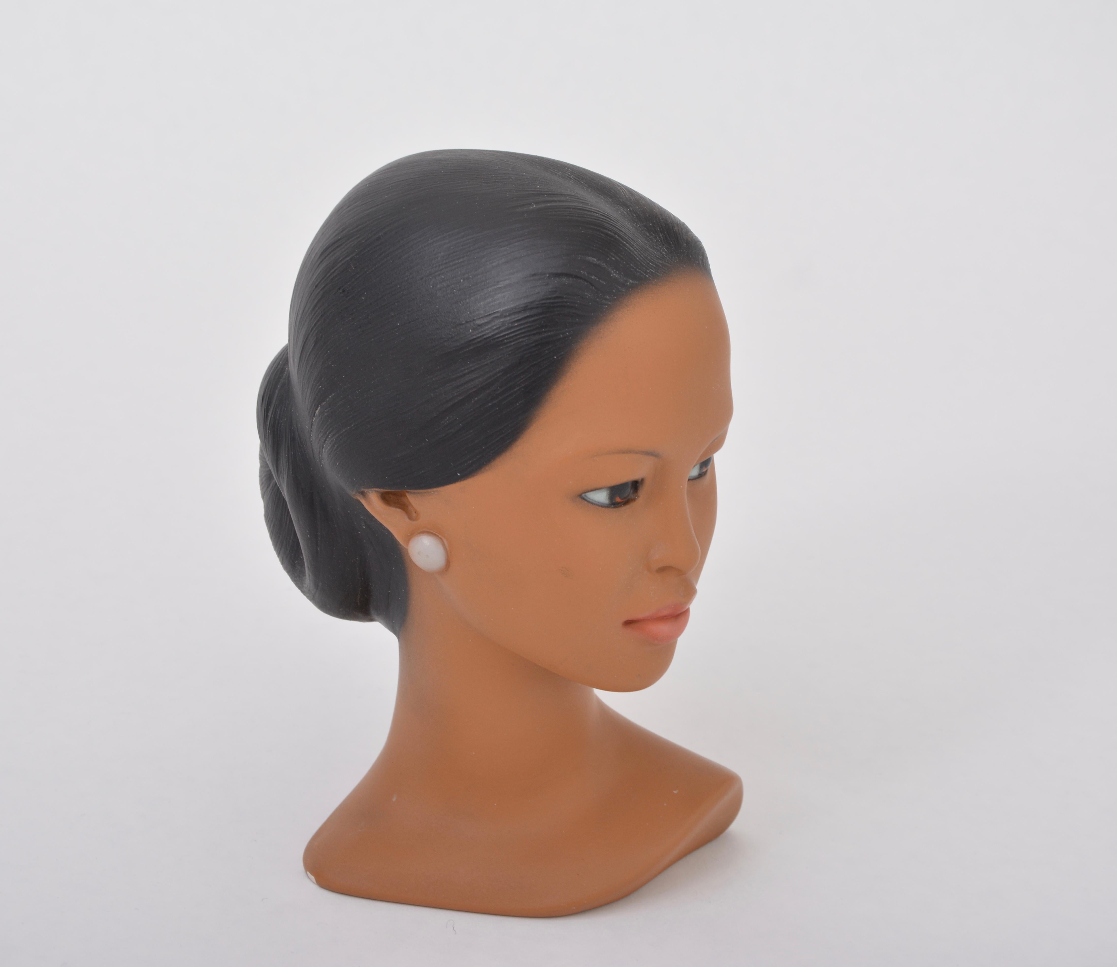 Hand-Painted Danish Mid-Century Modern Plaster bust of a Polynesian beauty by Edith Pedersen For Sale