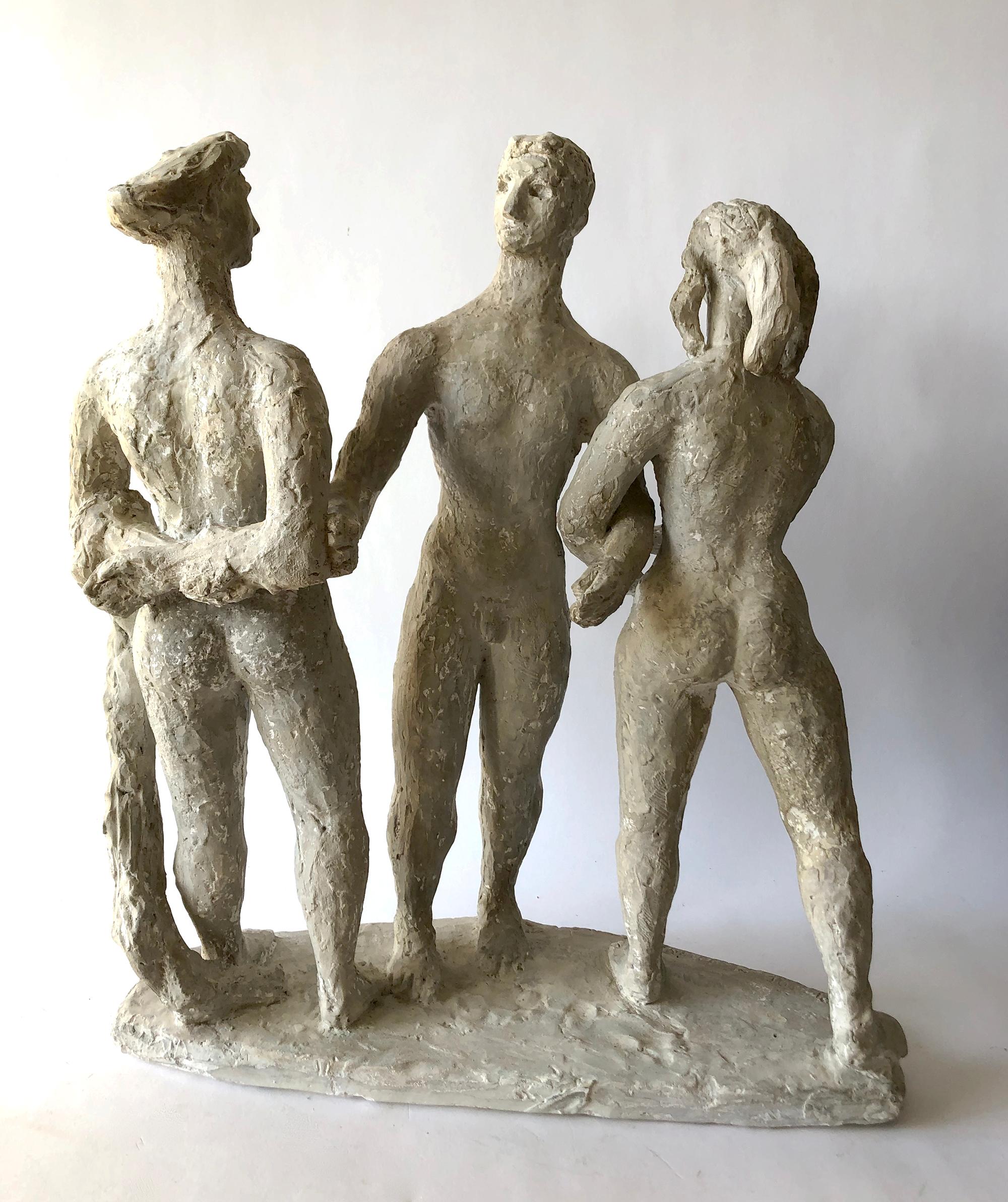 Vintage circa 1950s sculpture featuring a Picasso-esque version of the classical theme The Three Graces. The sculpture's medium is plaster and its measurements are 18