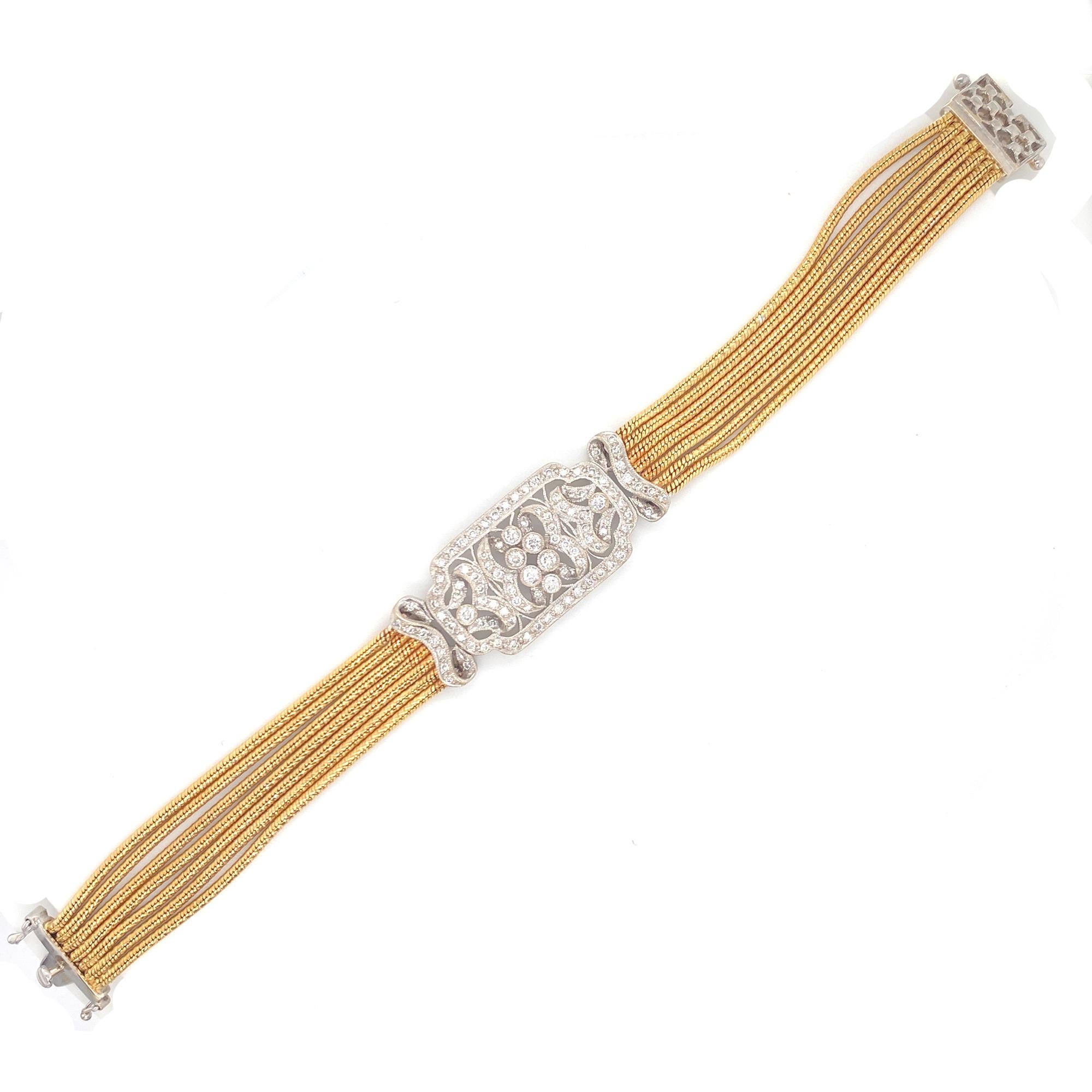 Art Deco 1950s Platinum 18 Karat Yellow Gold Diamond Filigree Multi-Row Bracelet